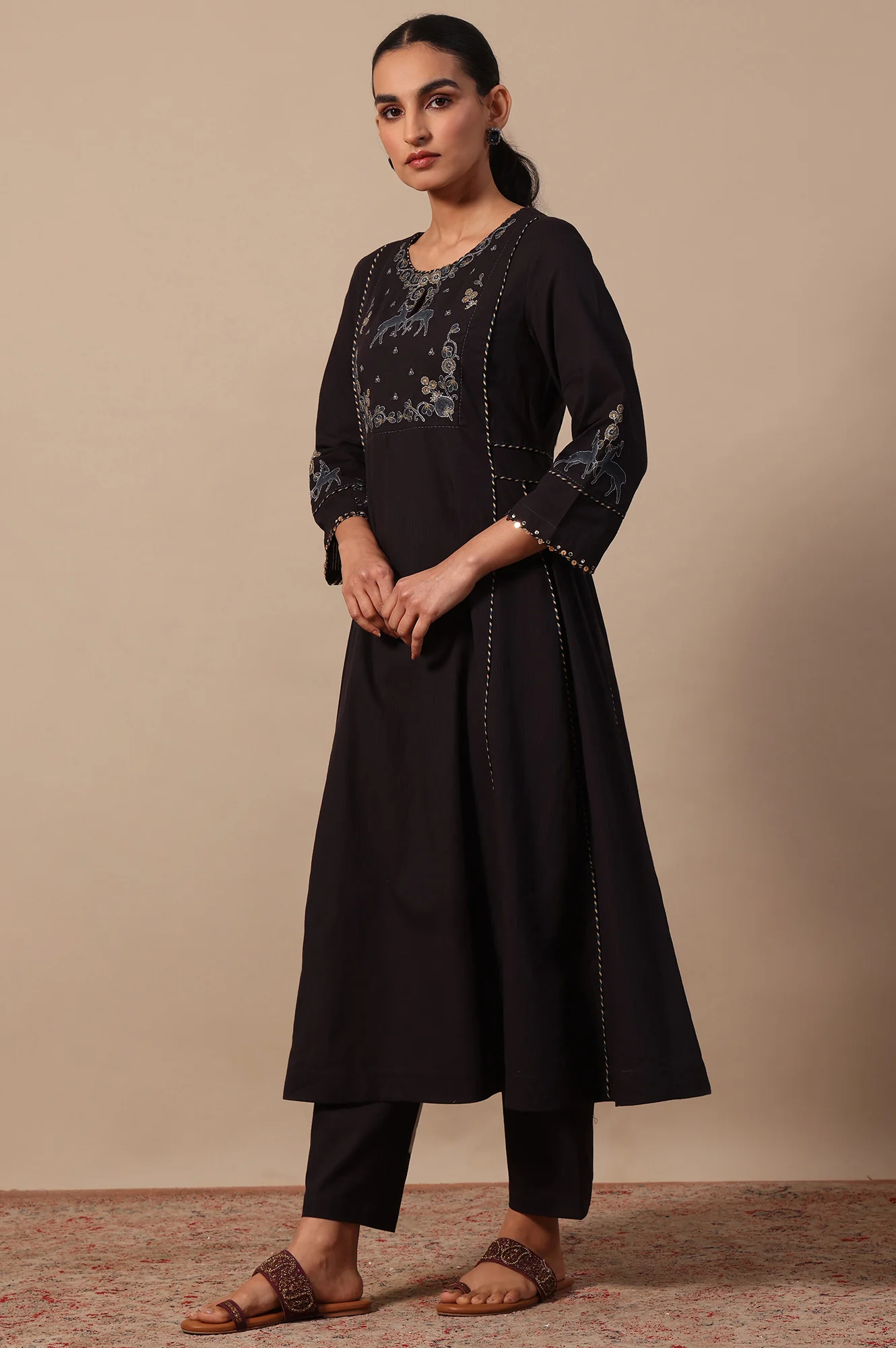 Printed Thread Embroidery Flared Pure Cotton Kurta & Straight Pants with Dupatta Set - Image 5