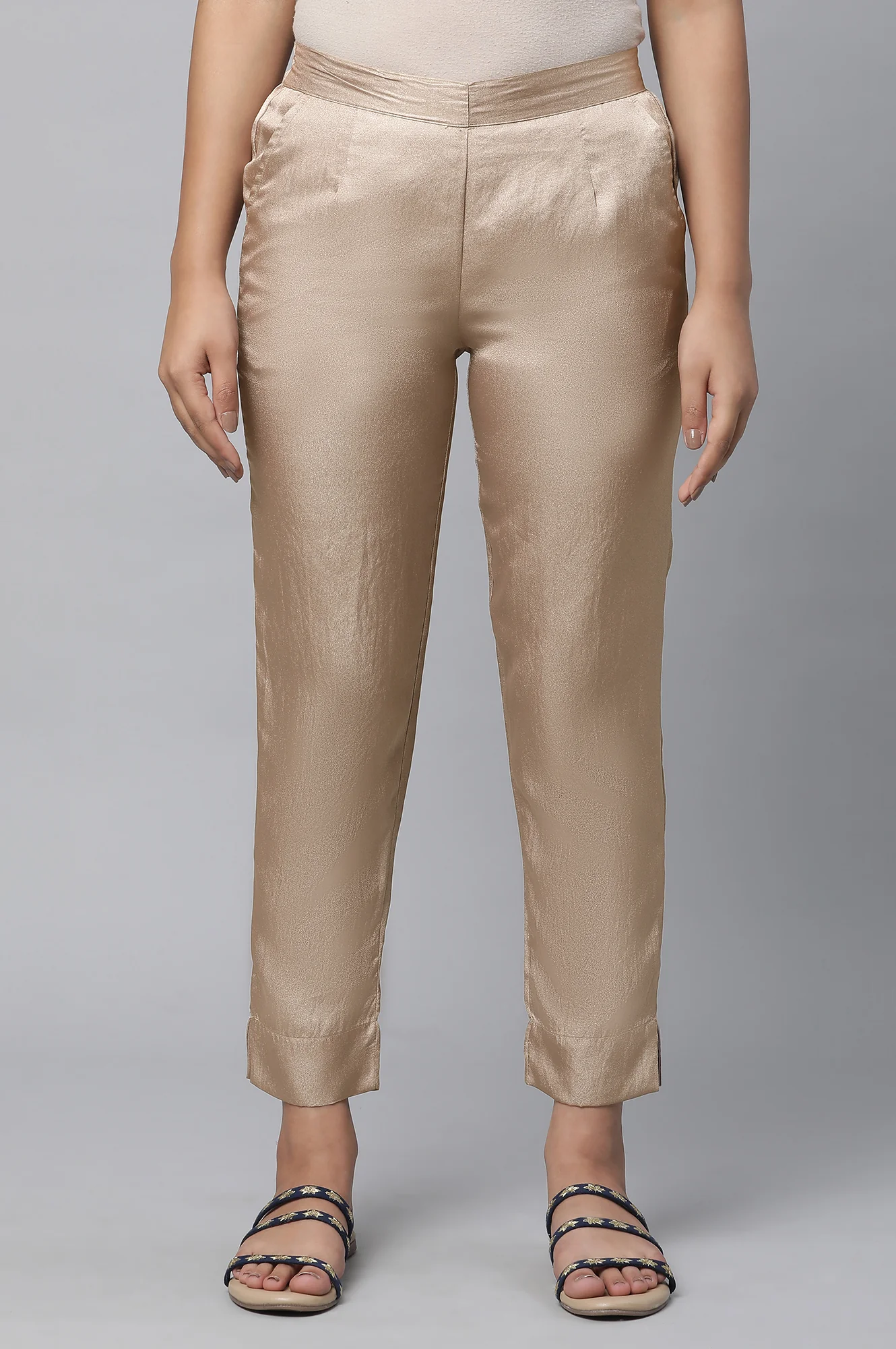 Elleven Women's Gold Solid Straight Fit Satin Pants With Elasticated Waist