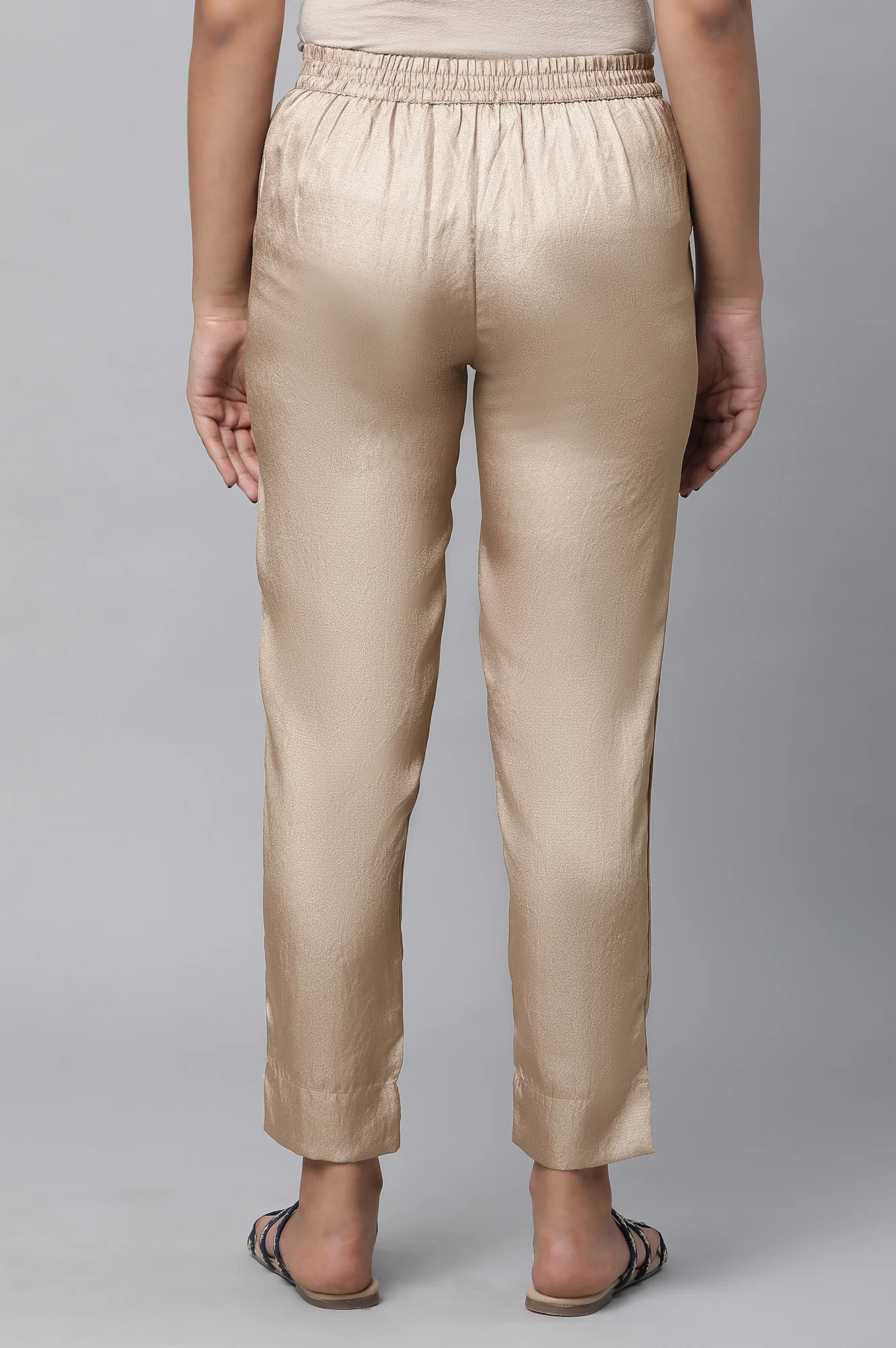 Elleven Women's Gold Solid Straight Fit Satin Pants With Elasticated Waist - Image 2