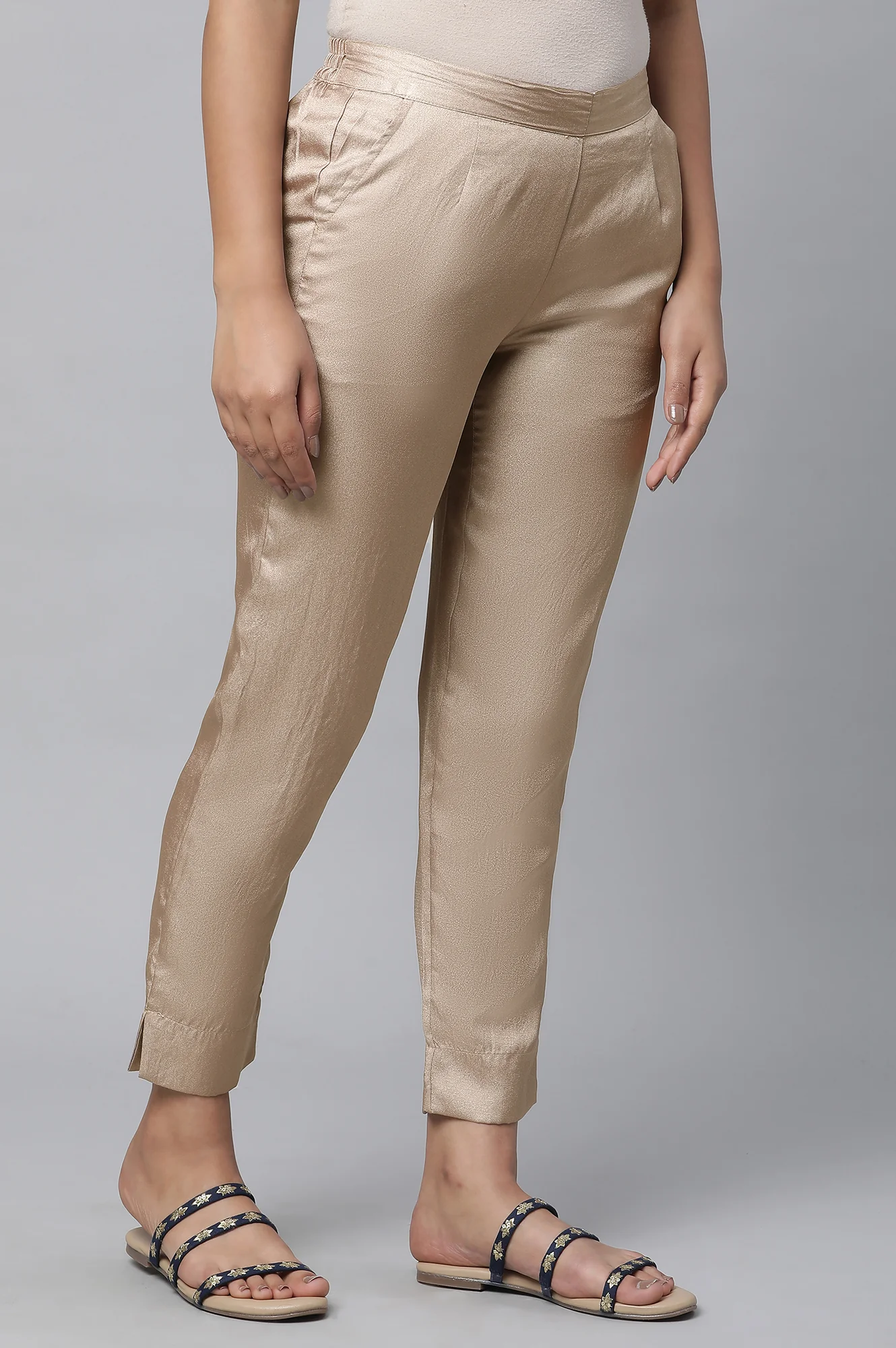 Elleven Women's Gold Solid Straight Fit Satin Pants With Elasticated Waist - Image 4