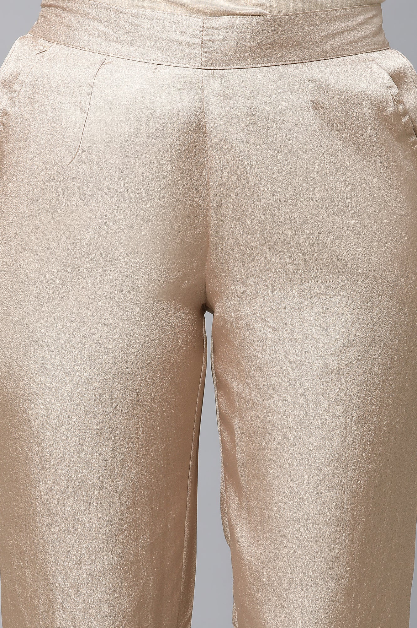 Elleven Women's Gold Solid Straight Fit Satin Pants With Elasticated Waist - Image 6