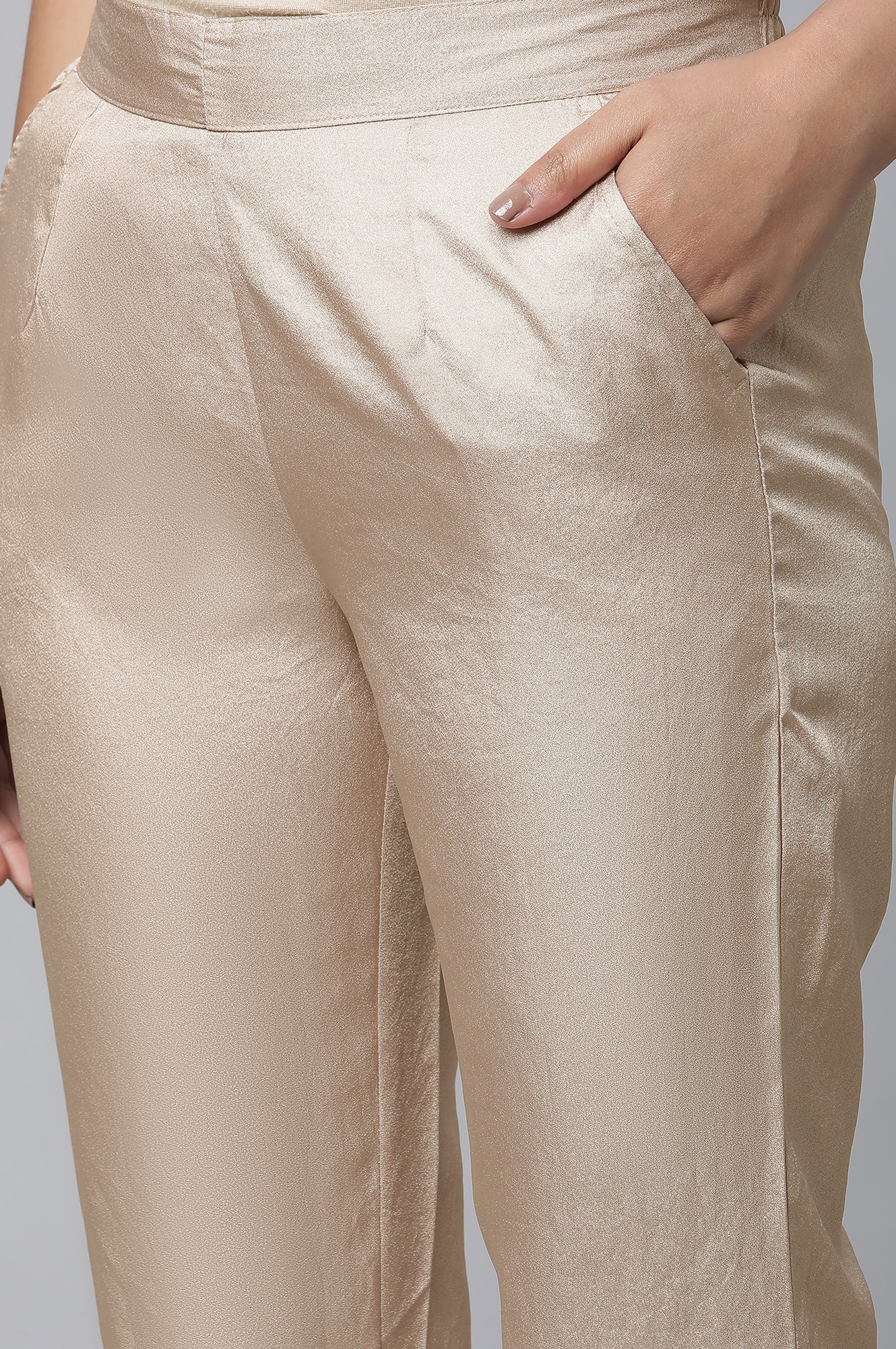 Elleven Women's Gold Solid Straight Fit Satin Pants With Elasticated Waist - Image 7