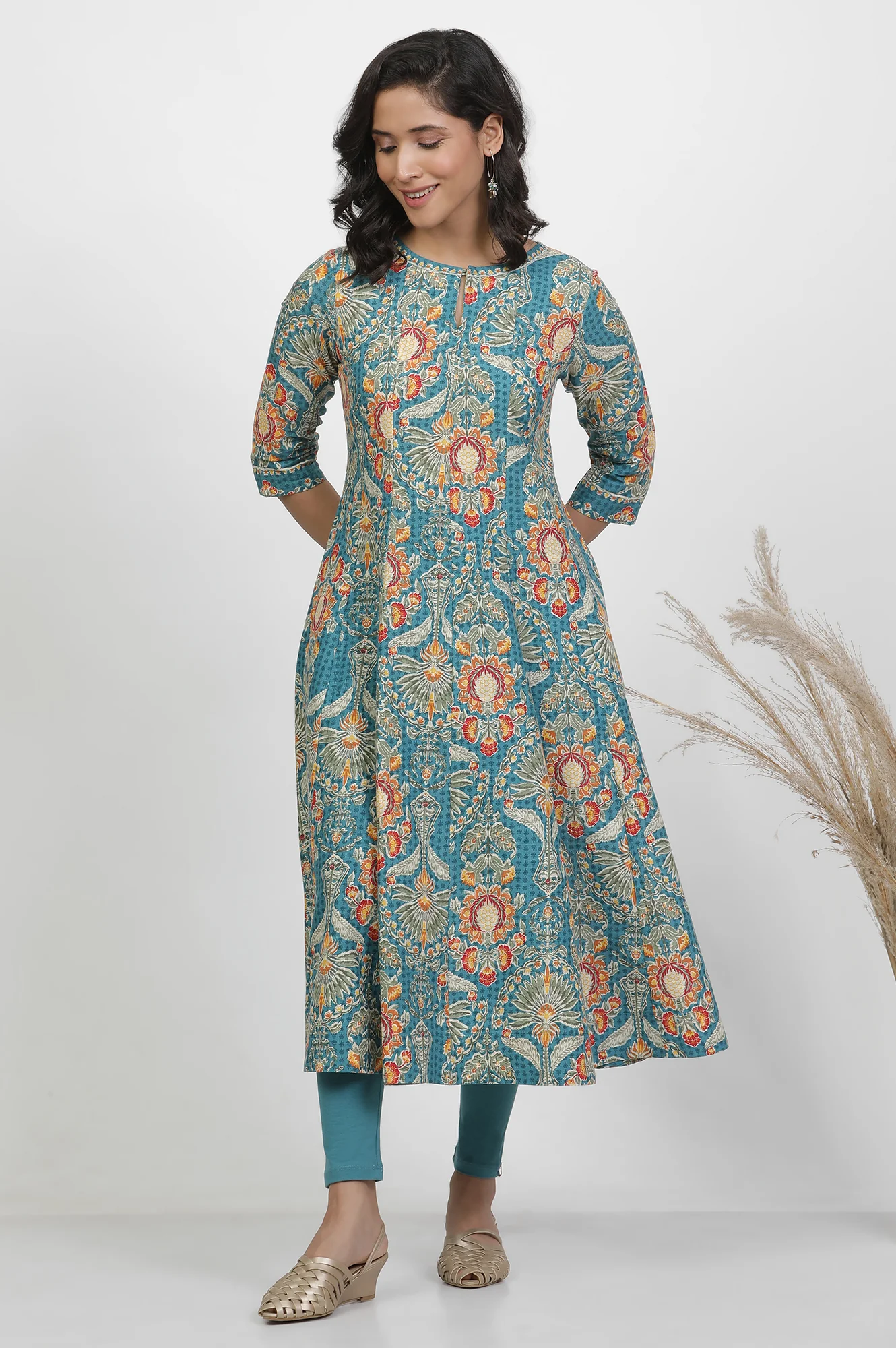 Aqua Blue Floral Printed Flared Kurta - Image 2
