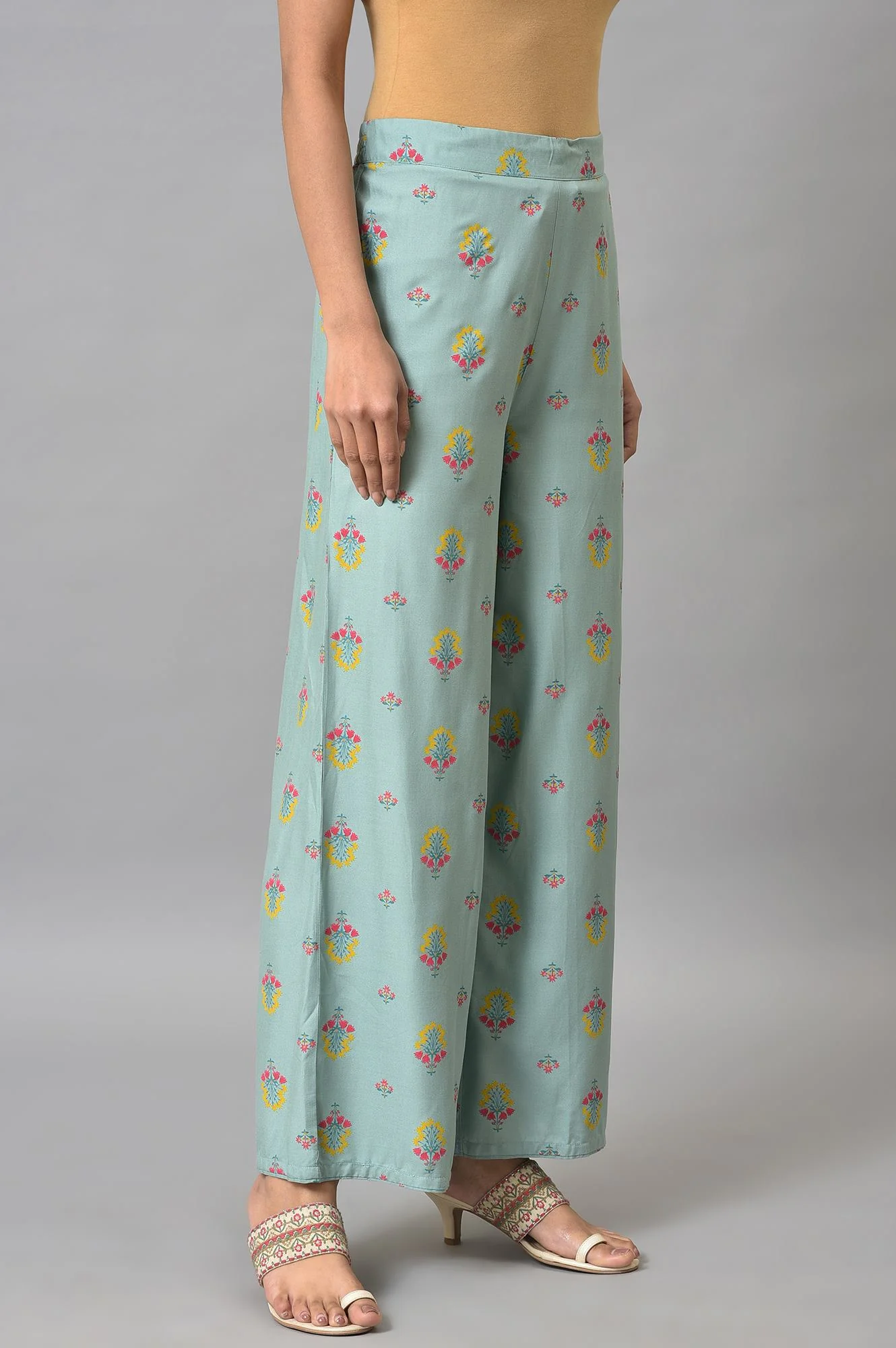 Aqua Blue Floral Printed Parallel Pants - Image 4