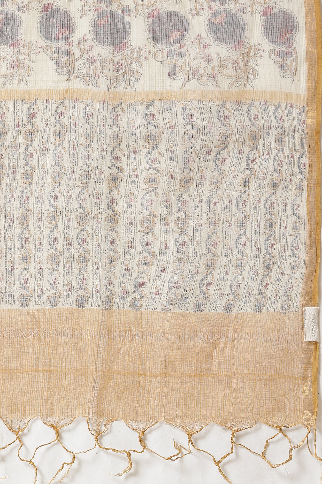 Beige Block Printed Cotton Slub Kurta, Pants And Dupatta Set - Image 10