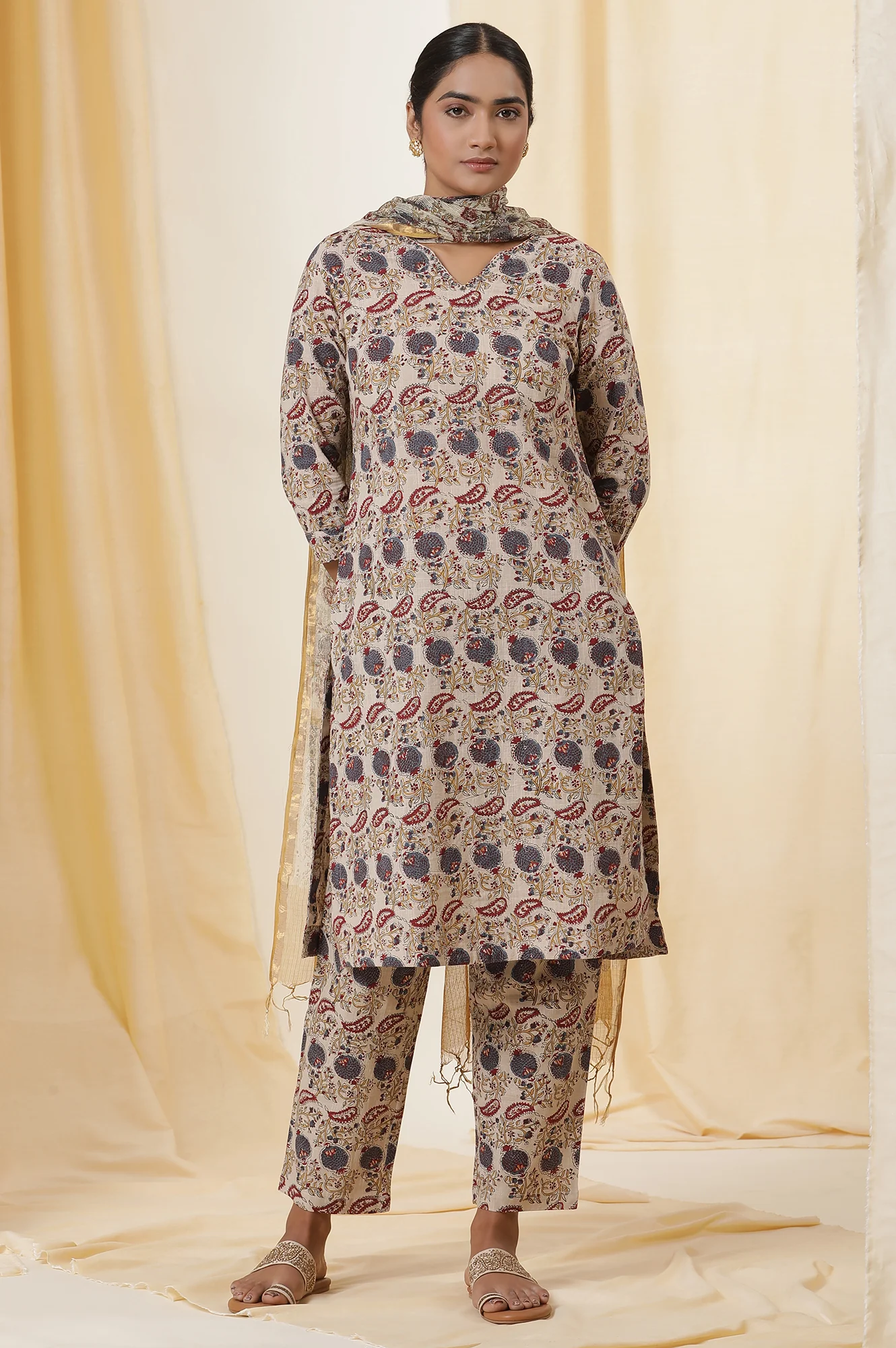 Beige Block Printed Cotton Slub Kurta, Pants And Dupatta Set - Image 2