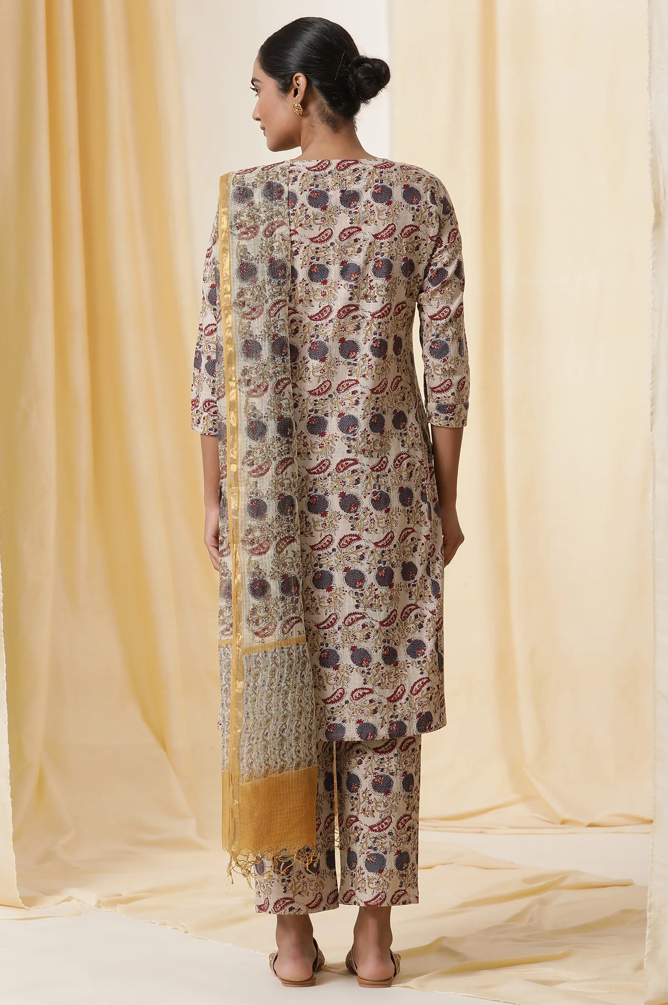 Beige Block Printed Cotton Slub Kurta, Pants And Dupatta Set - Image 4