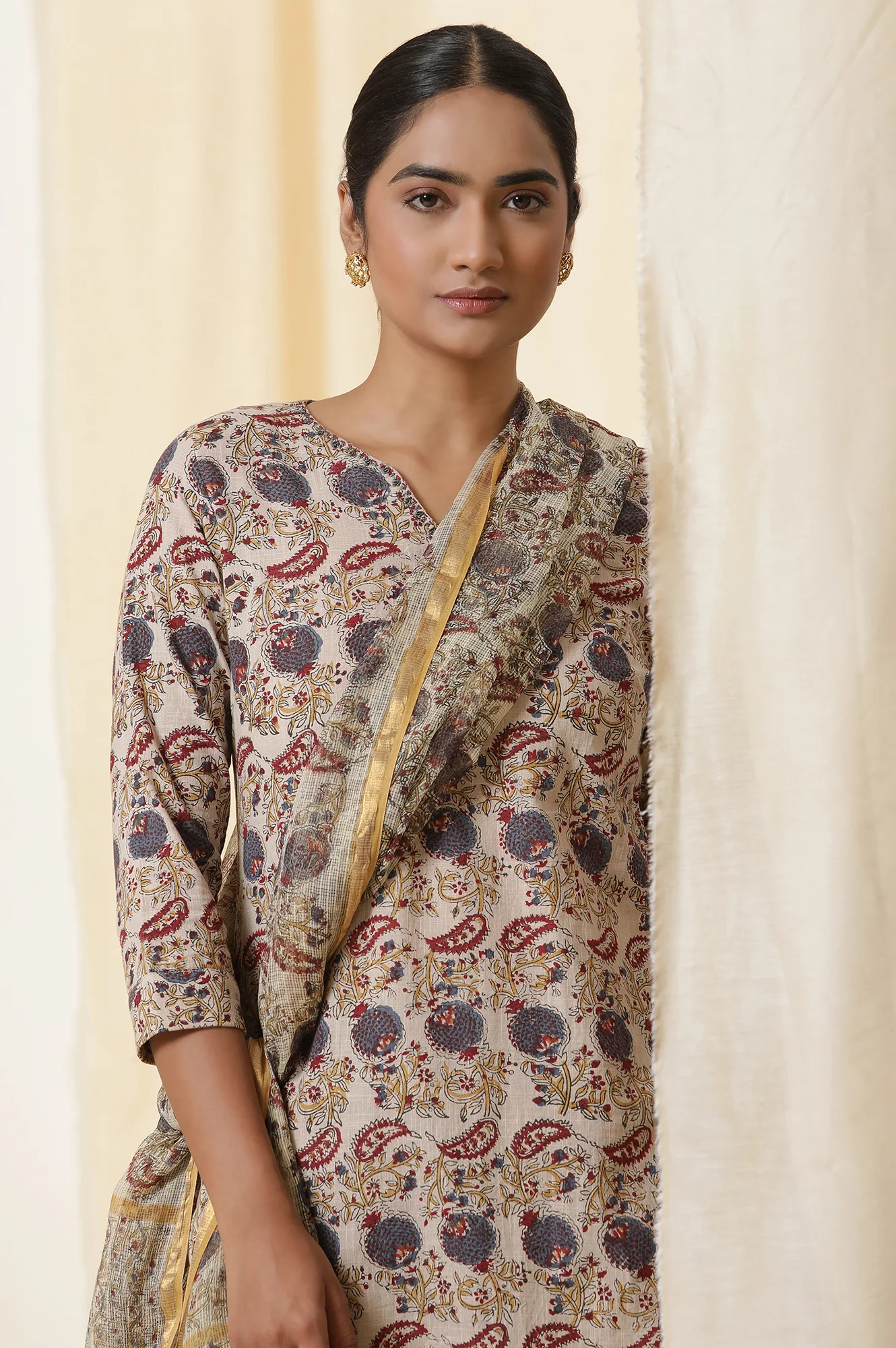 Beige Block Printed Cotton Slub Kurta, Pants And Dupatta Set - Image 6