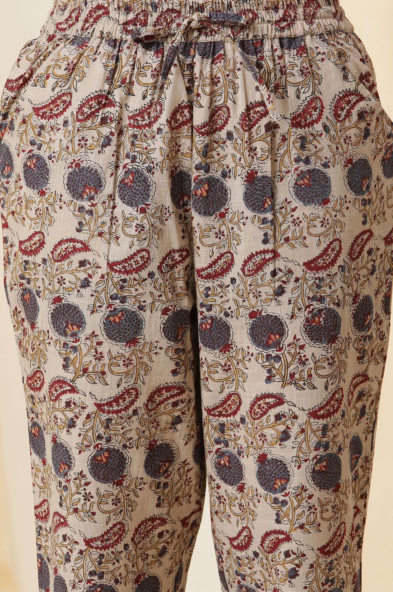 Beige Block Printed Cotton Slub Kurta, Pants And Dupatta Set - Image 8