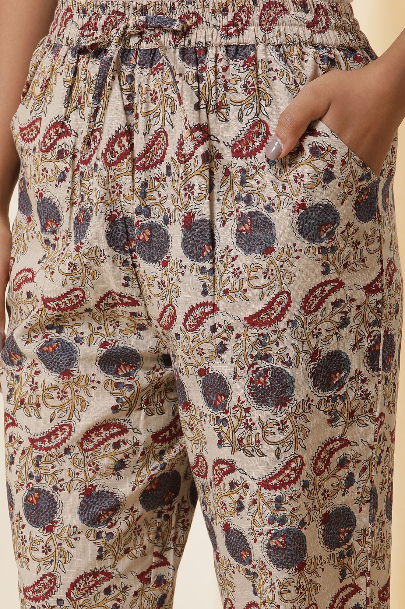 Beige Block Printed Cotton Slub Kurta, Pants And Dupatta Set - Image 9