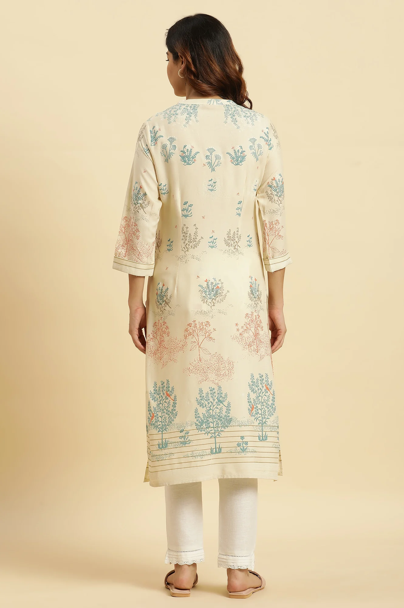Beige Floral Printed Kurta - Image 4