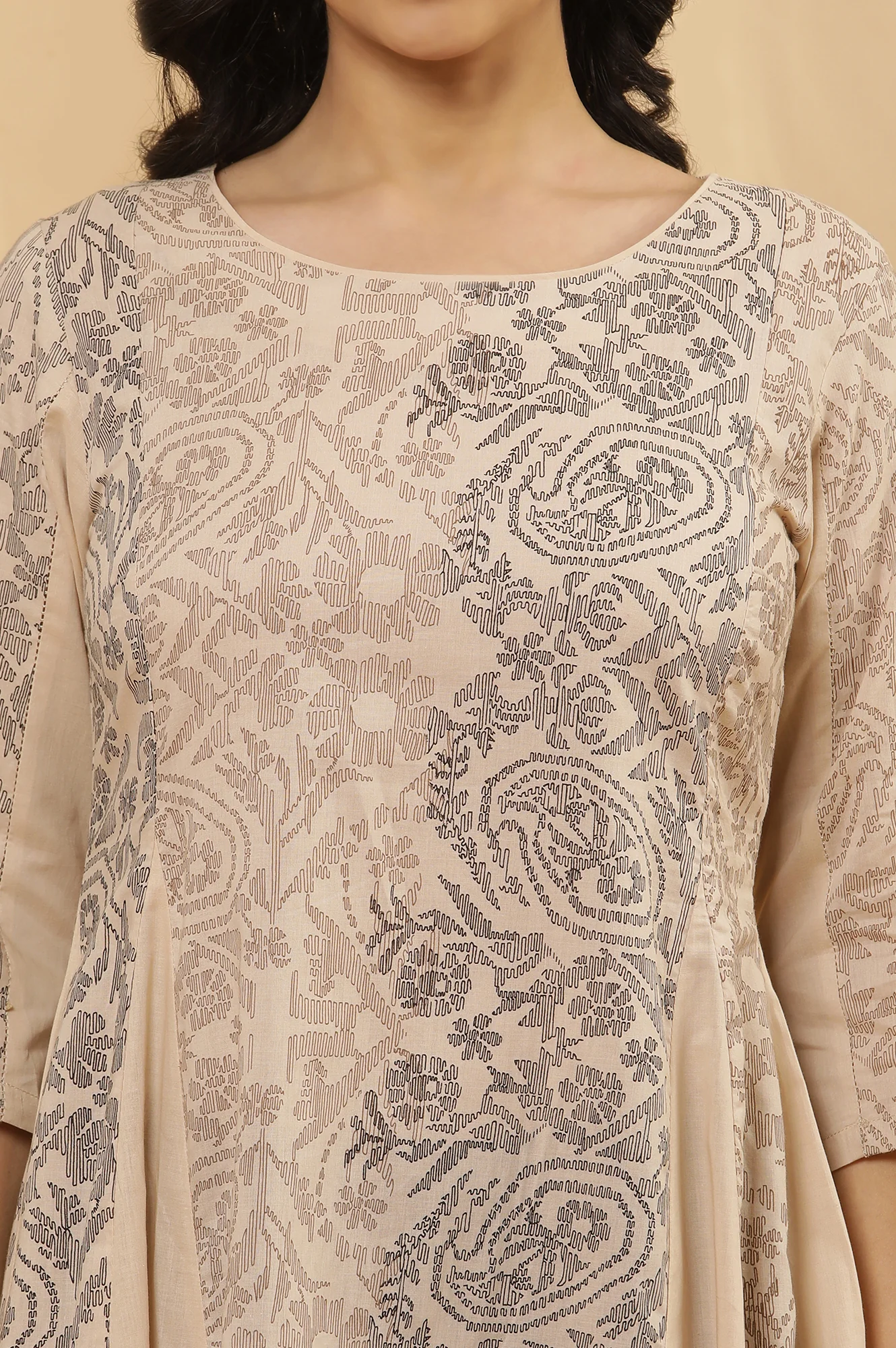 Beige Printed Asymmetrical Kurta And Tights Set - Image 6