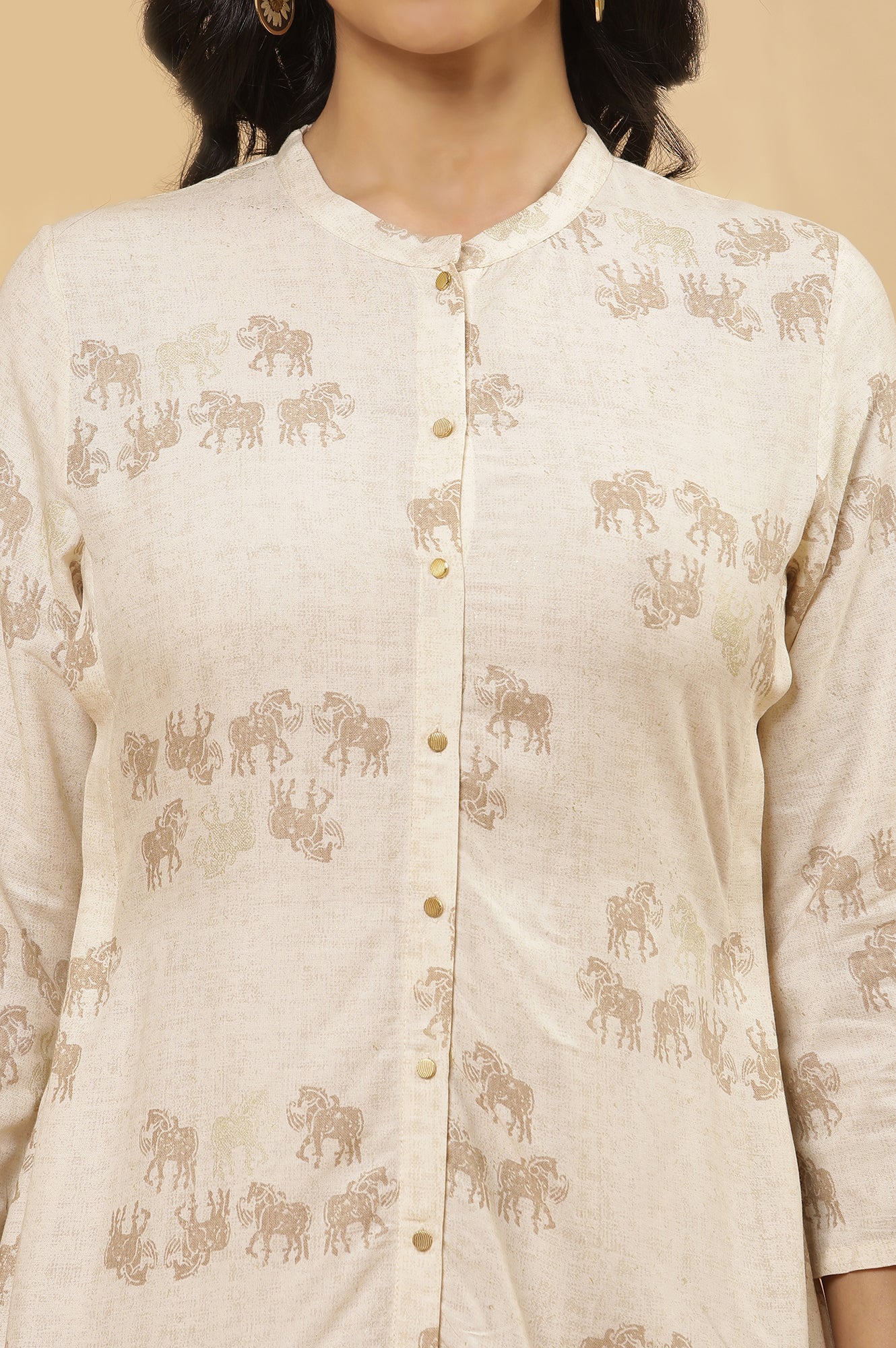 Beige Printed Kurta And Pants Set - Image 6