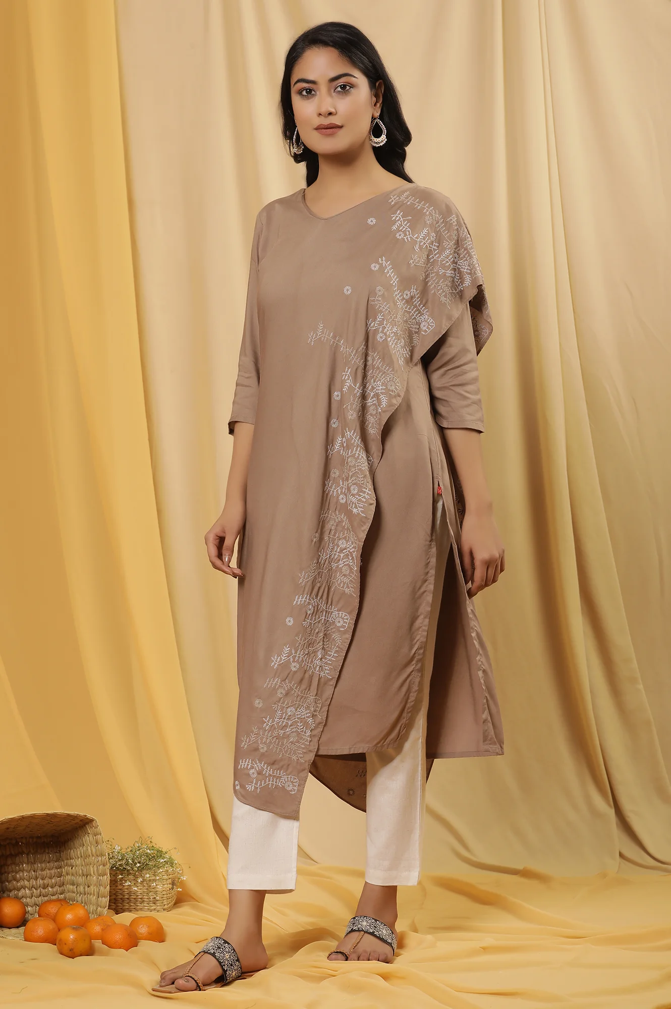 Beige Saree Drape Kurta And Pants Set - Image 3