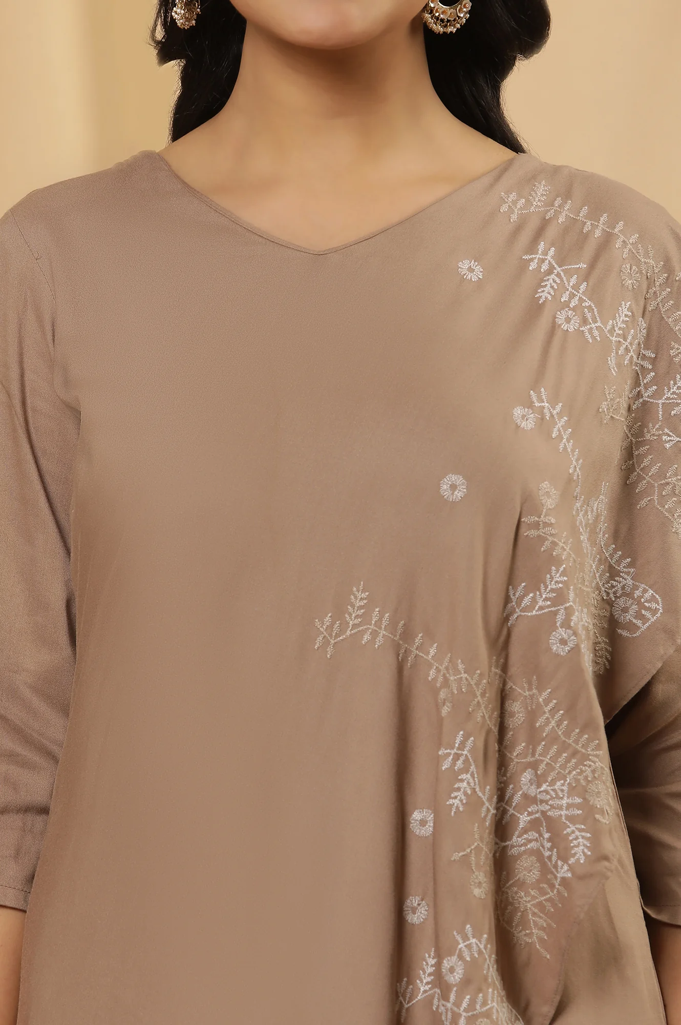 Beige Saree Drape Kurta And Pants Set - Image 6