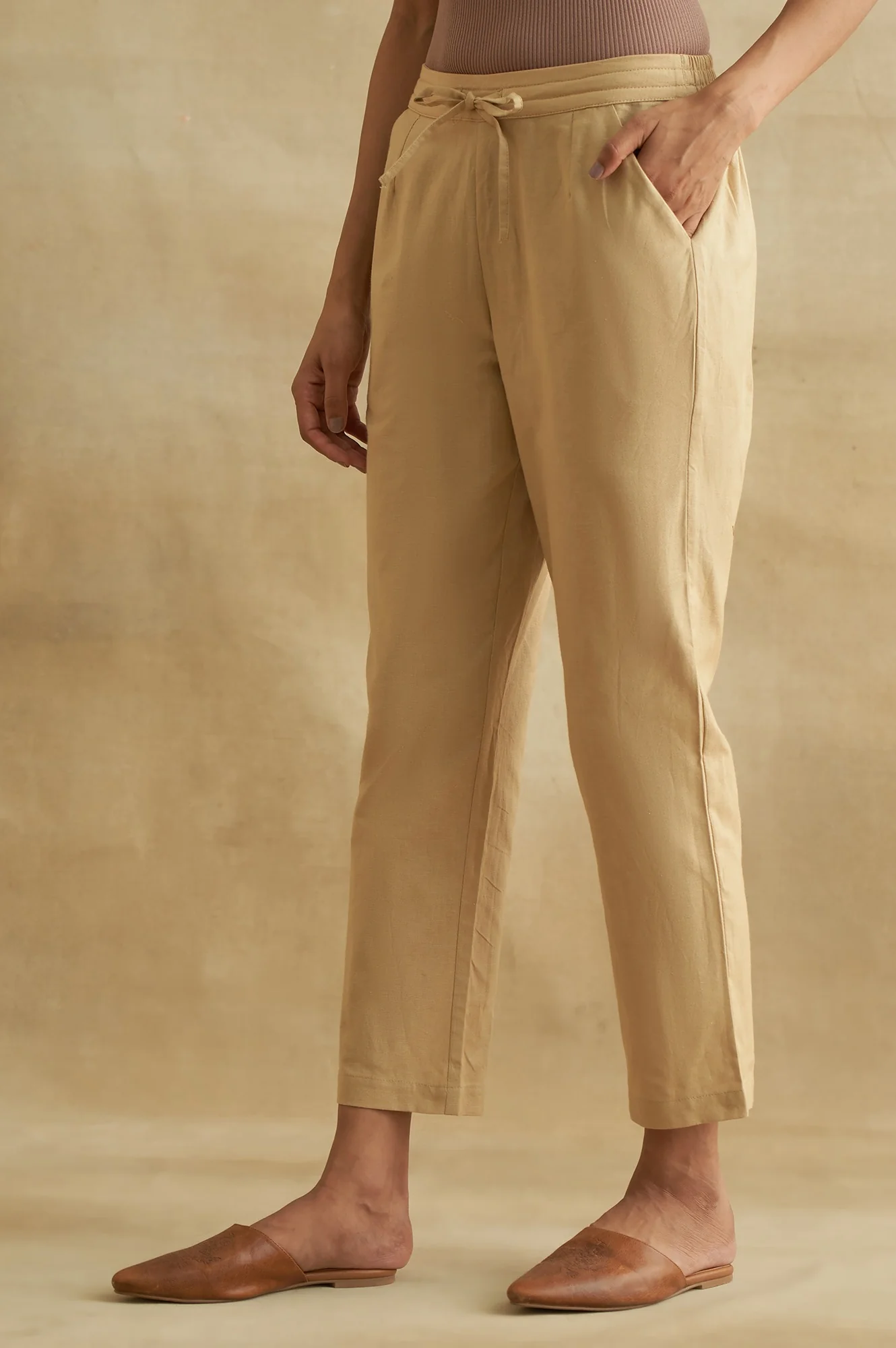 Beige Solid Straight Pants - Image 3