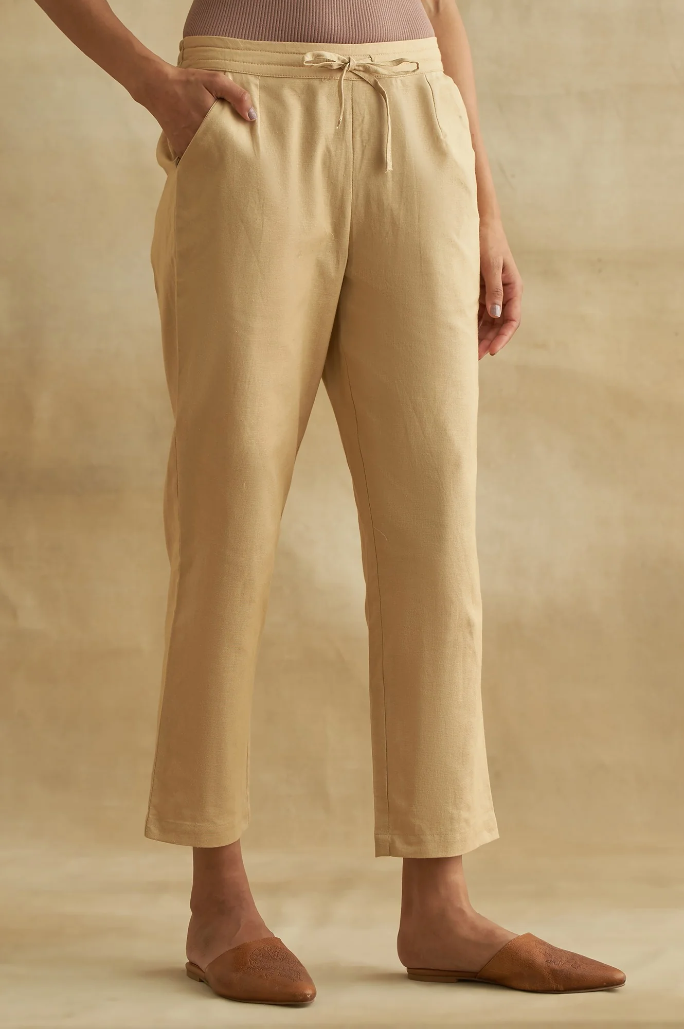 Beige Solid Straight Pants - Image 4
