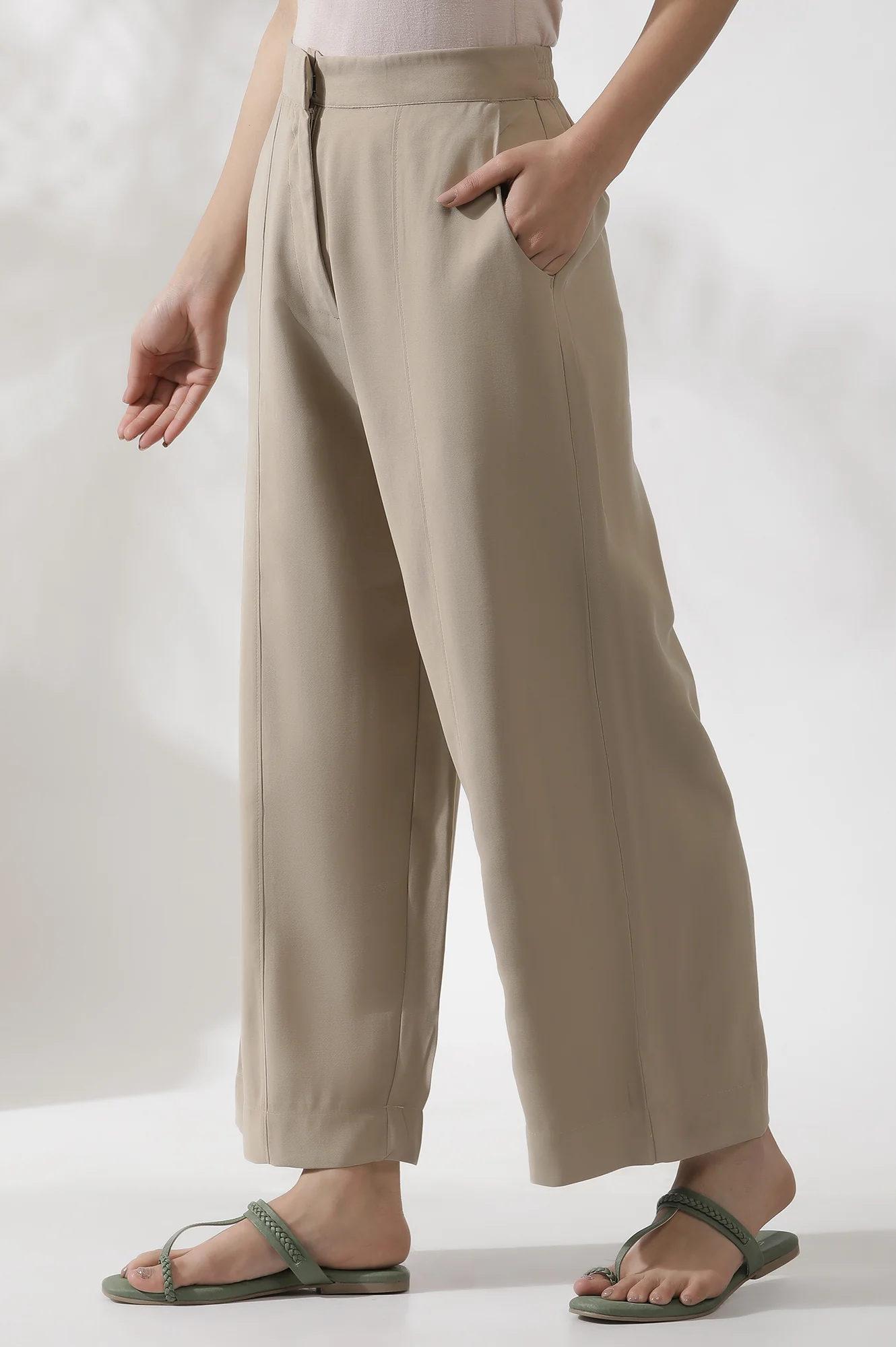 Beige Straight Fit Trouser With Front Pintuck - Image 2