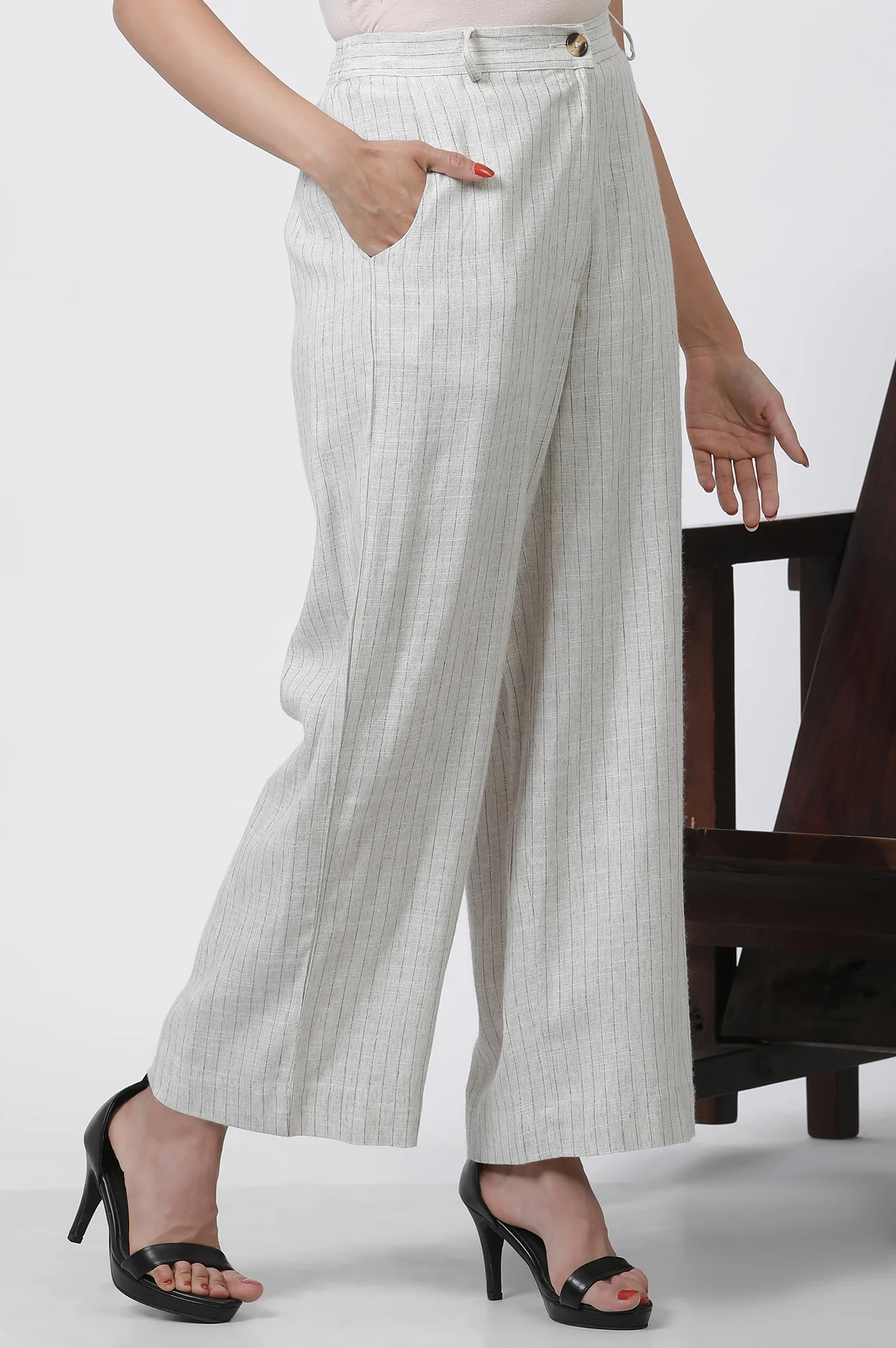 Beige Striped Office Look Straight Trouser - Image 4