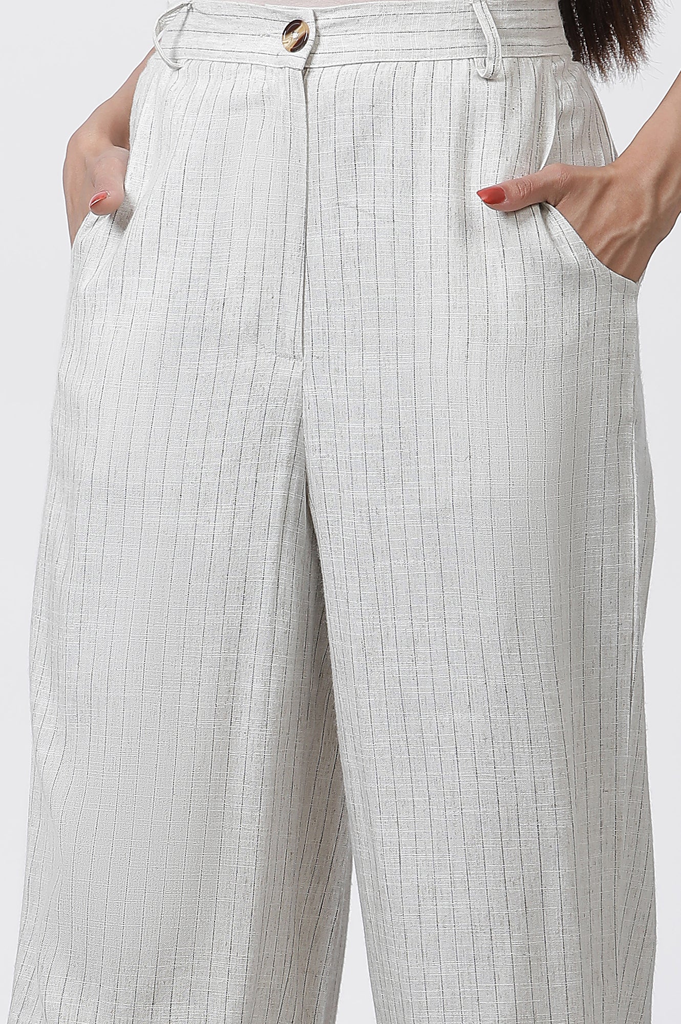 Beige Striped Office Look Straight Trouser - Image 7