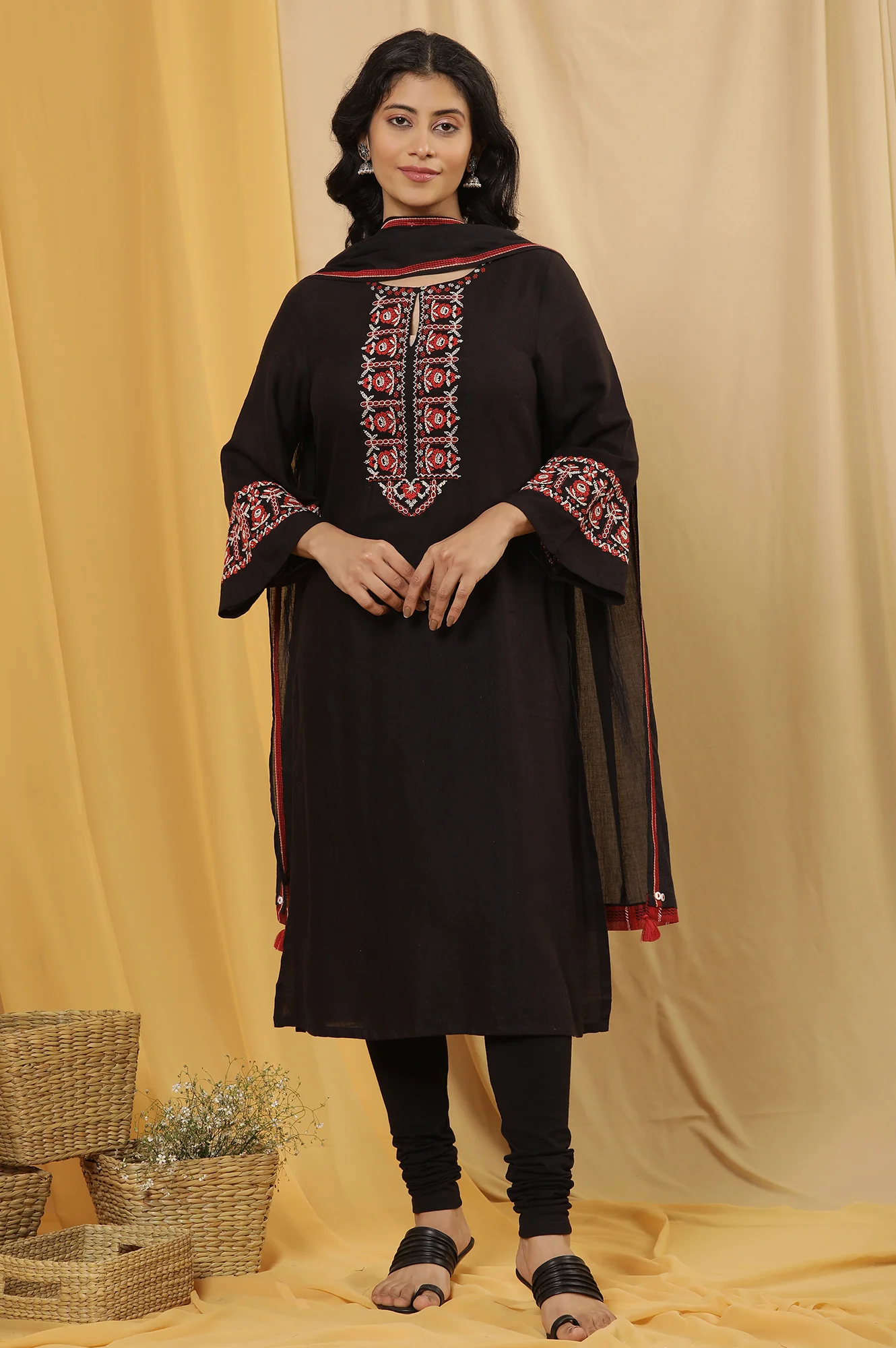 Black A-Lien Embroidered Kurta, Tights And Dupatta Set - Image 2