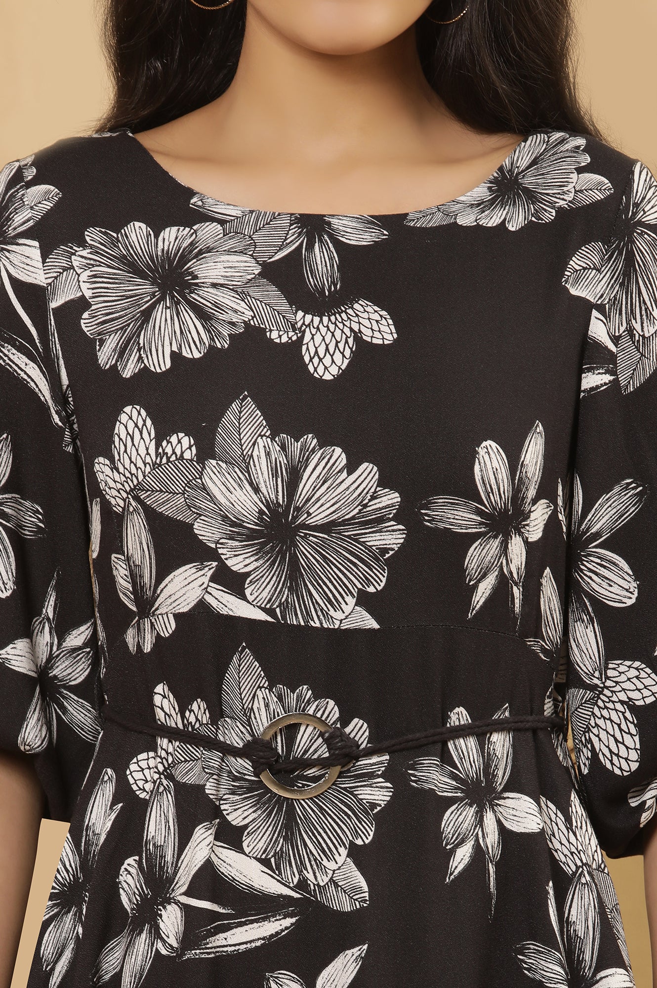Black A-Line Floral Printed Dress - Image 6
