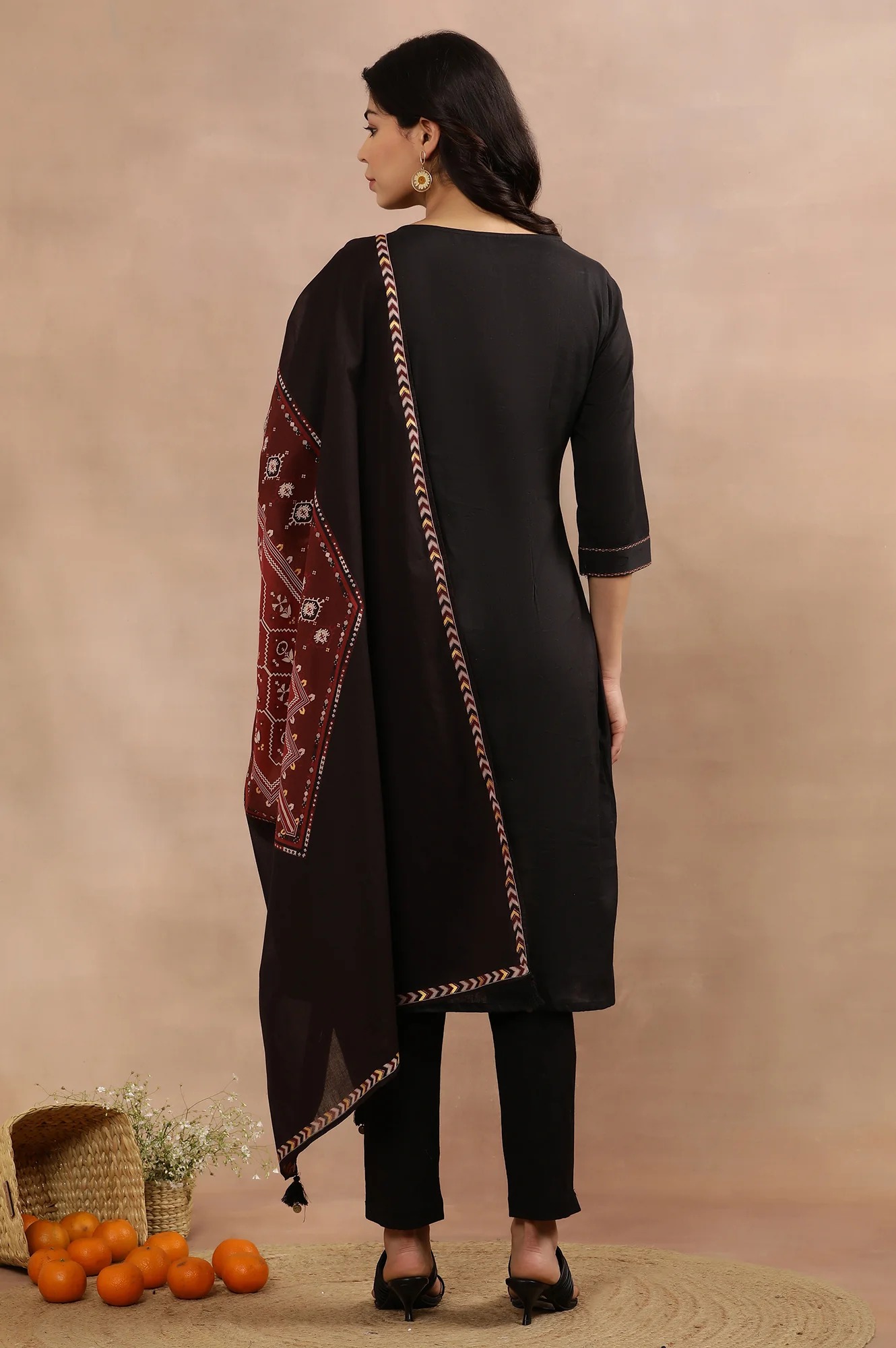 Black A-Line Kurta, Pants And Dupatta Set - Image 4