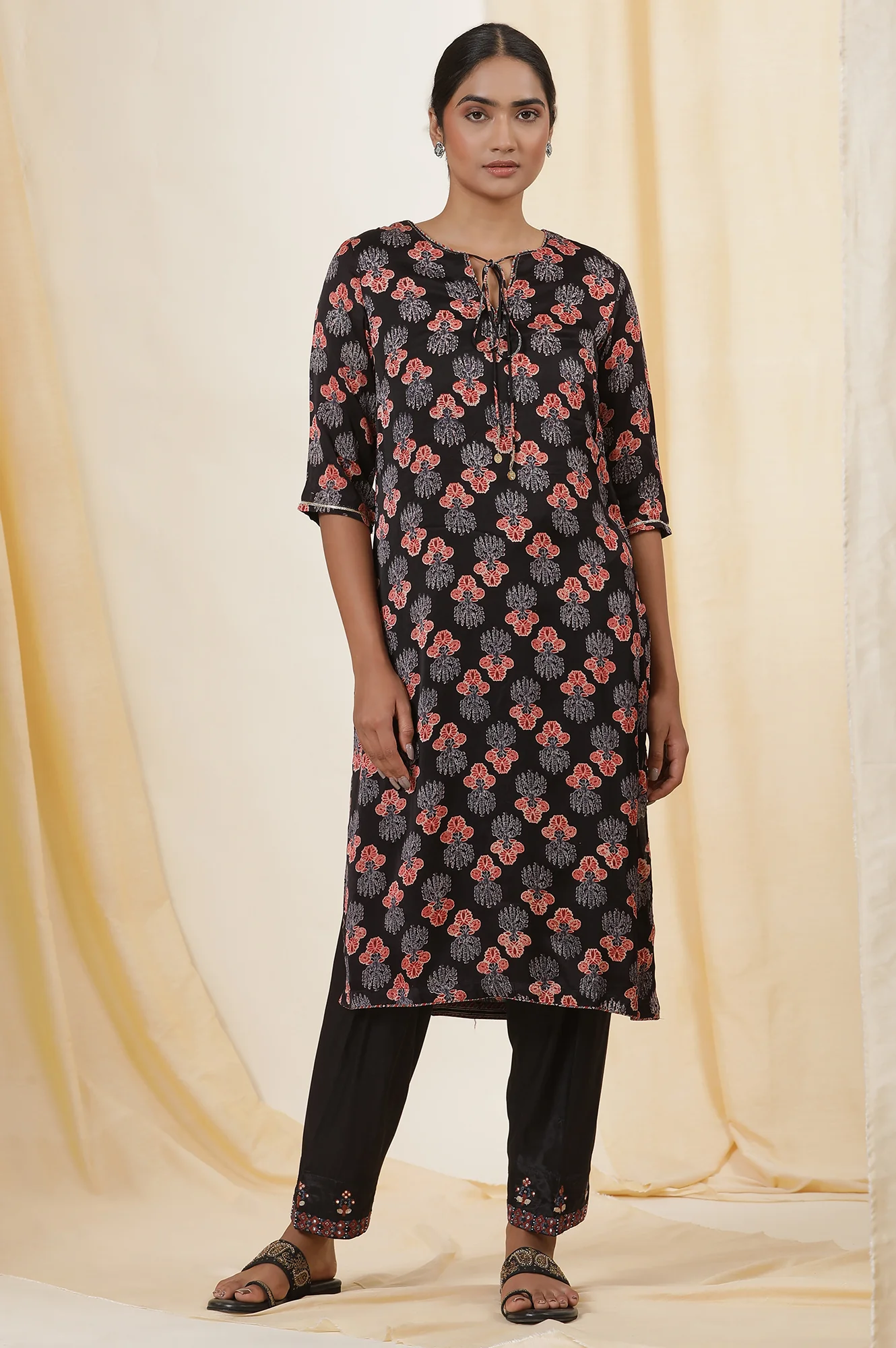 Black Ajrakh Kurta With Neck Tie-Up - Image 2