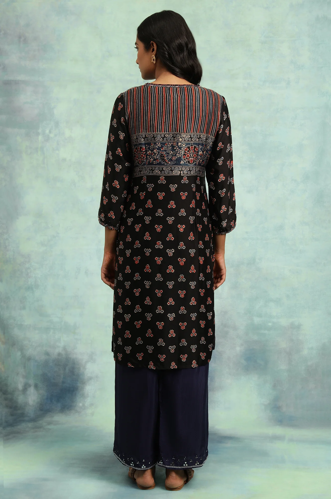 Black Ajrakh Print Lustrous Satin kurta - Image 2