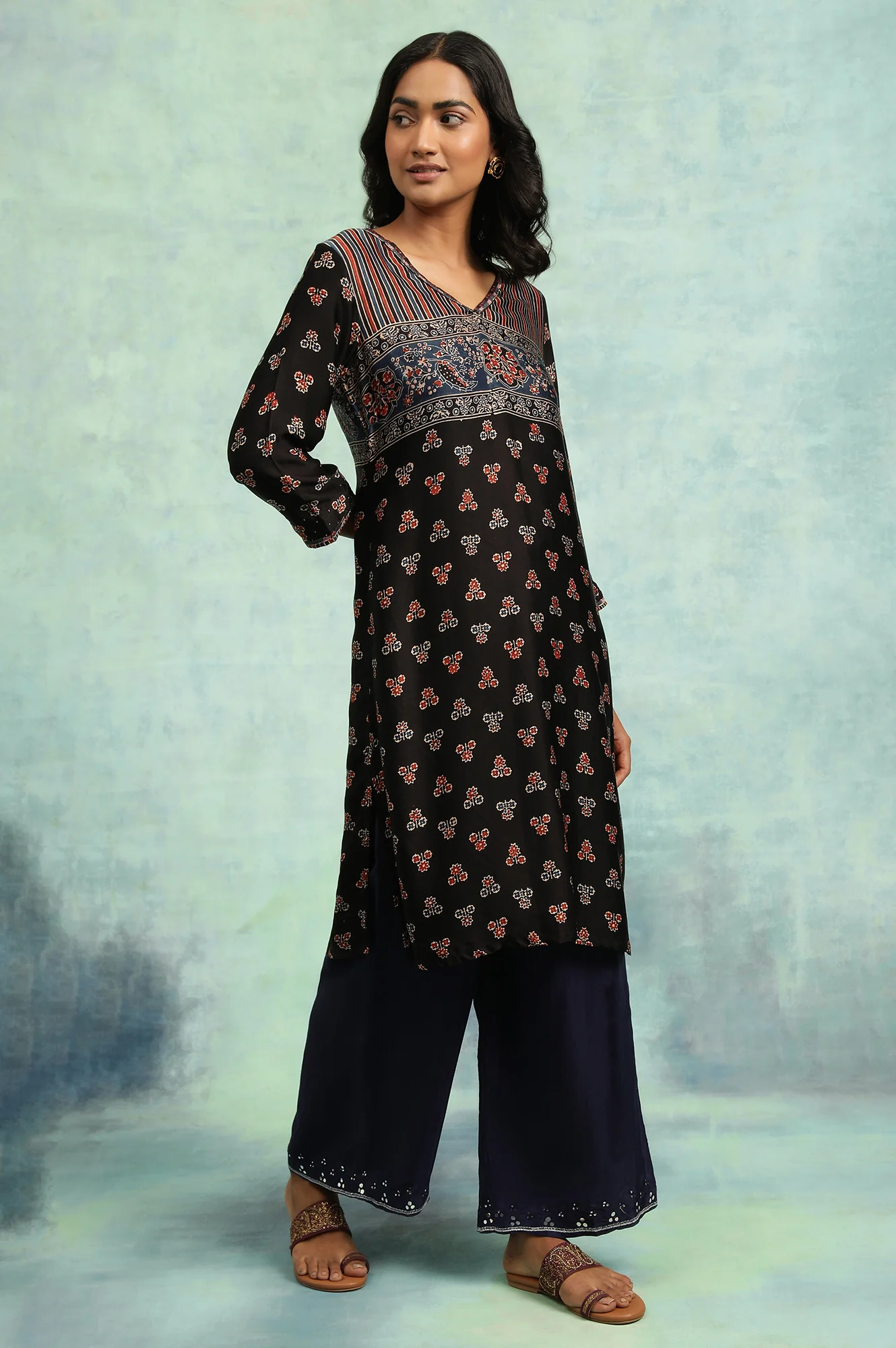 Black Ajrakh Print Lustrous Satin kurta - Image 4