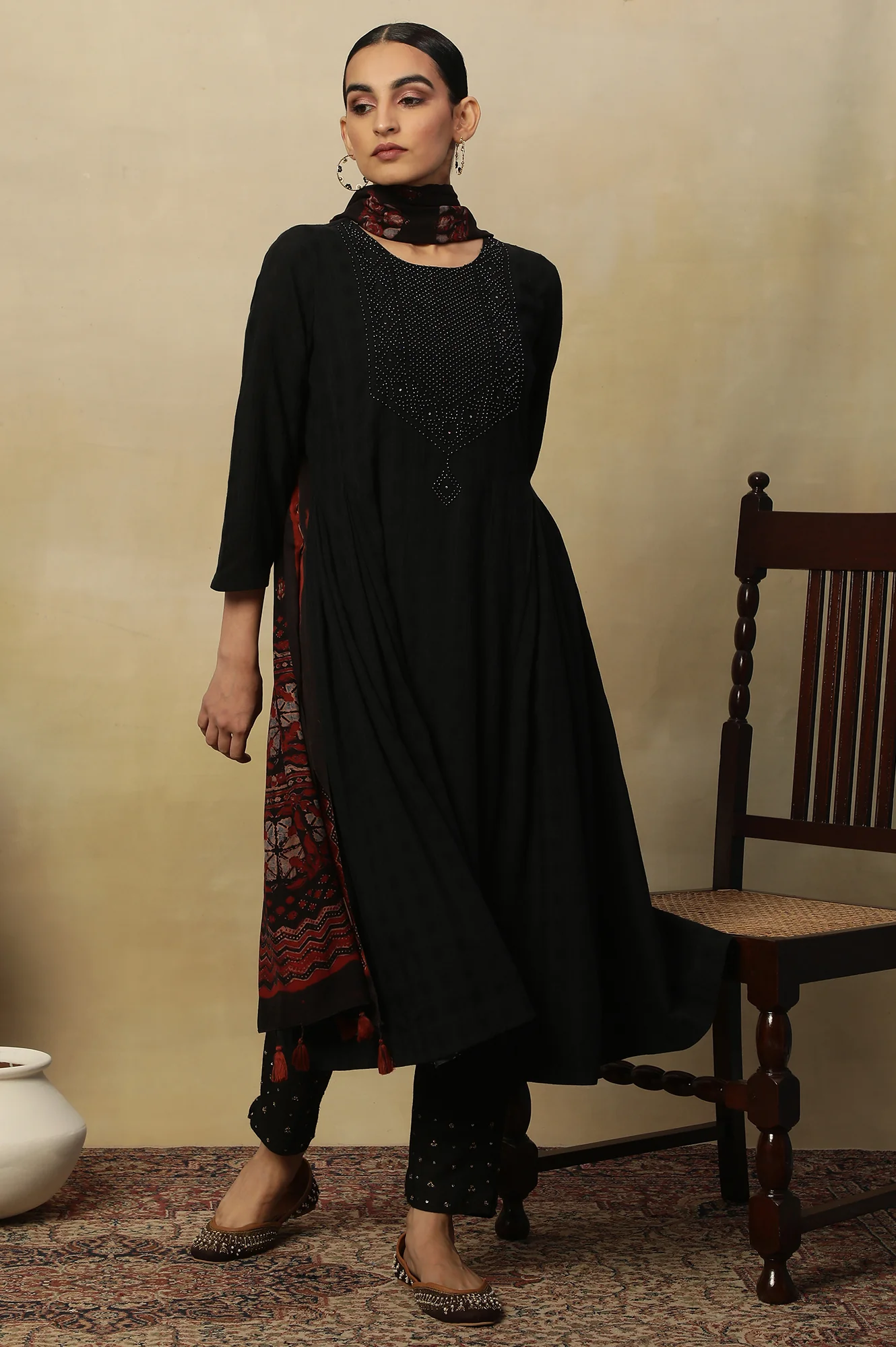 Black Beadwork Embroidery Kurta In Textured Cotton - Image 6