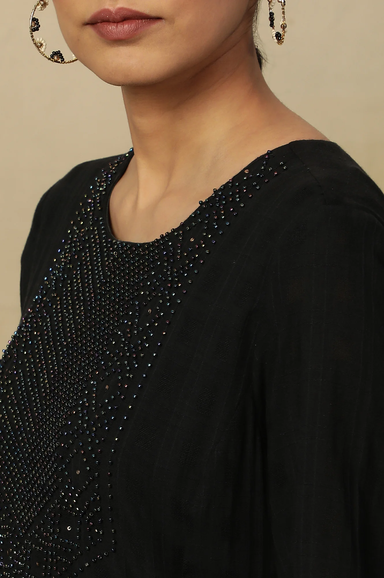 Black Beadwork Embroidery Kurta In Textured Cotton - Image 8