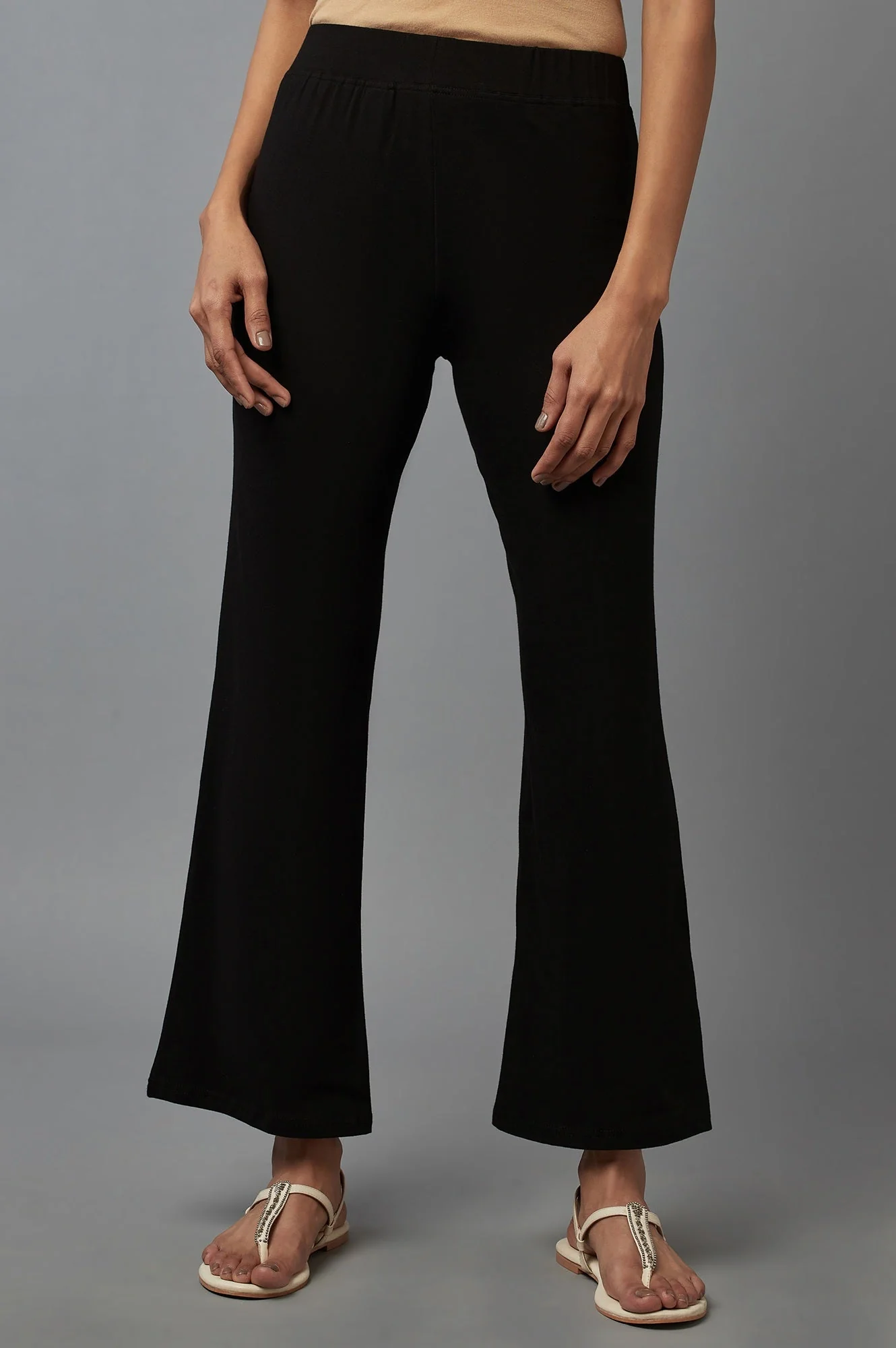 Elleven Women's Black Solid Flared Cotton Pants With Slip On Closure