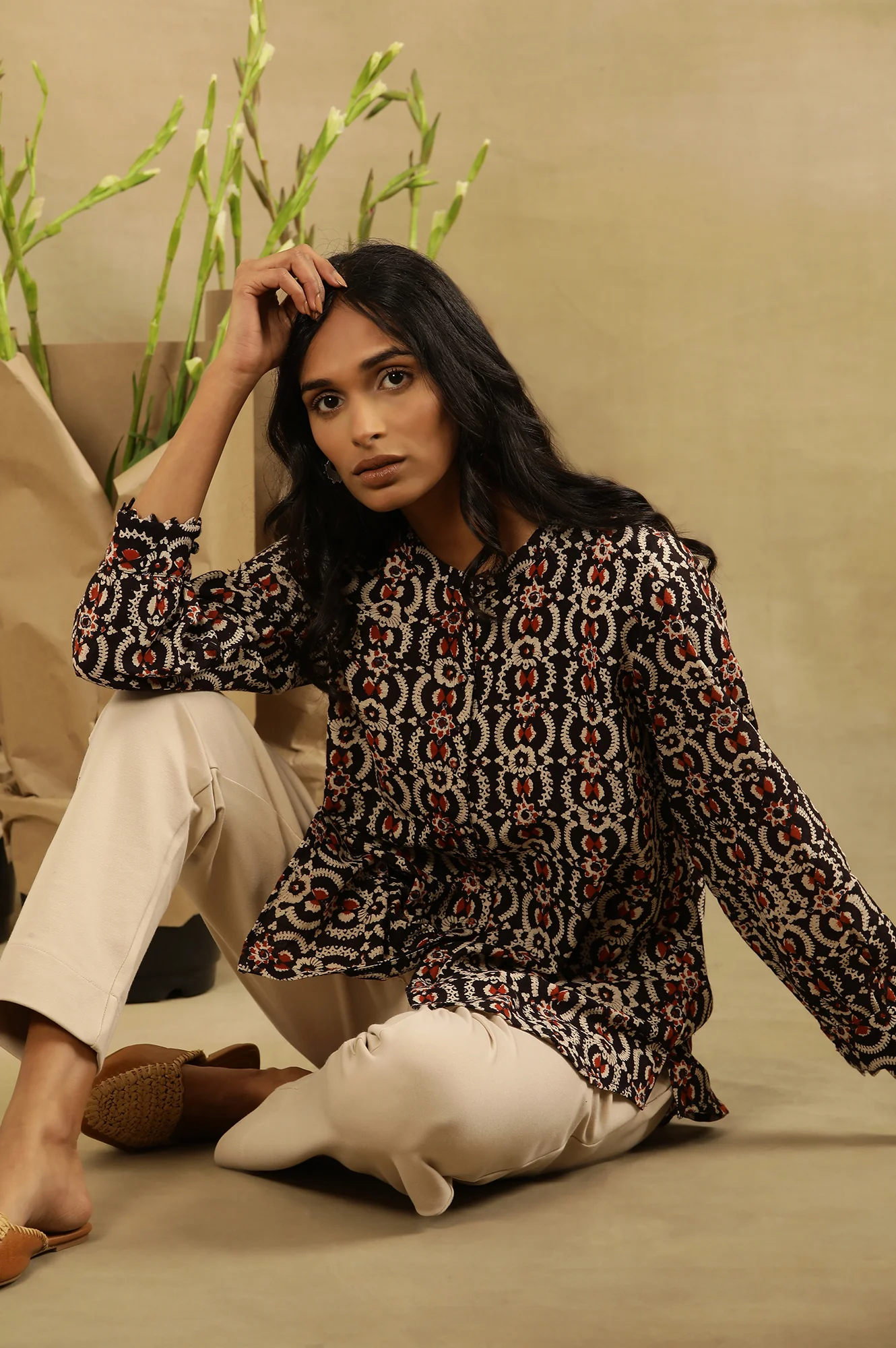 Black Block Print Top With Mirror Work Buttons - Image 5