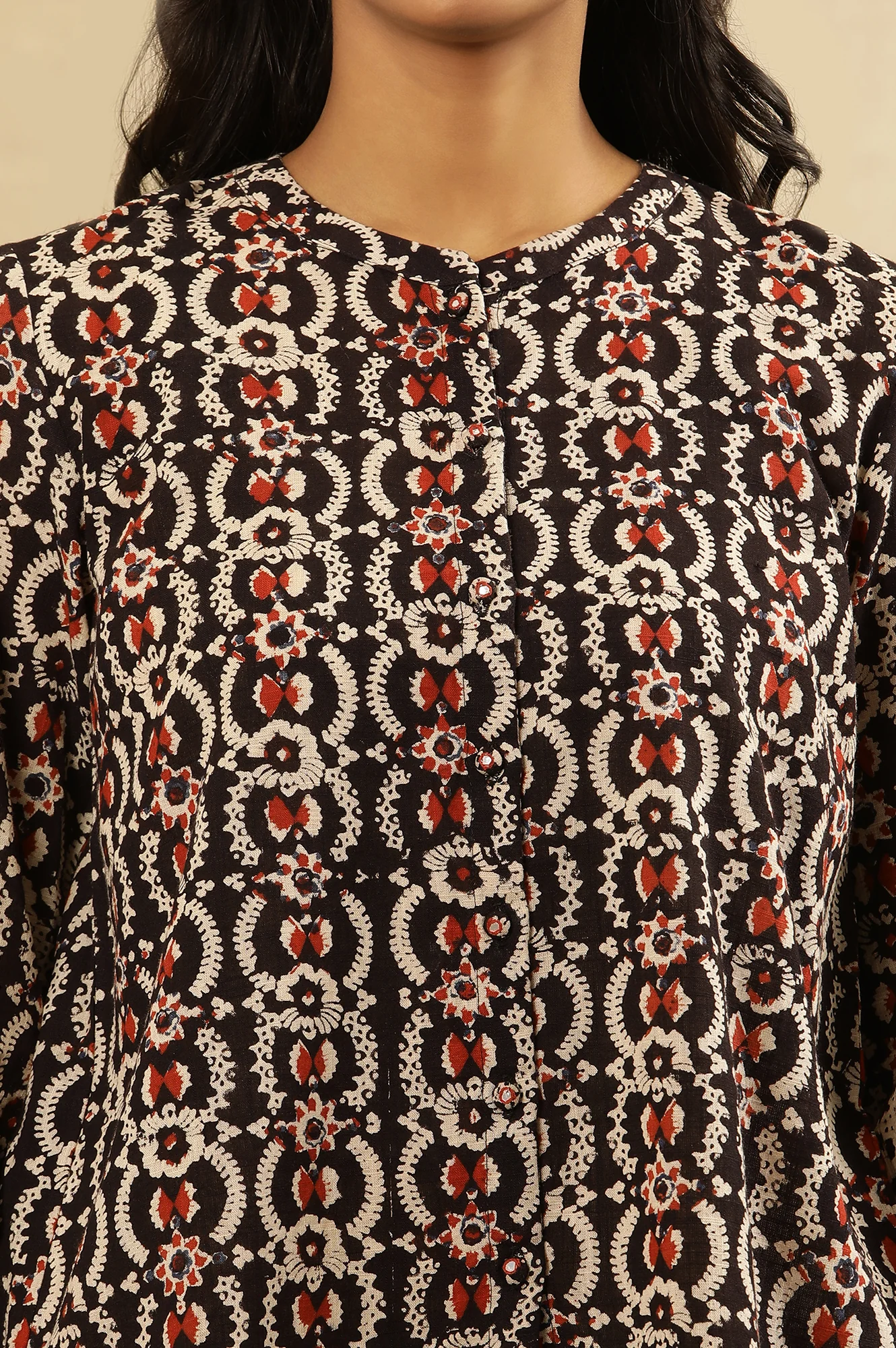 Black Block Print Top With Mirror Work Buttons - Image 6