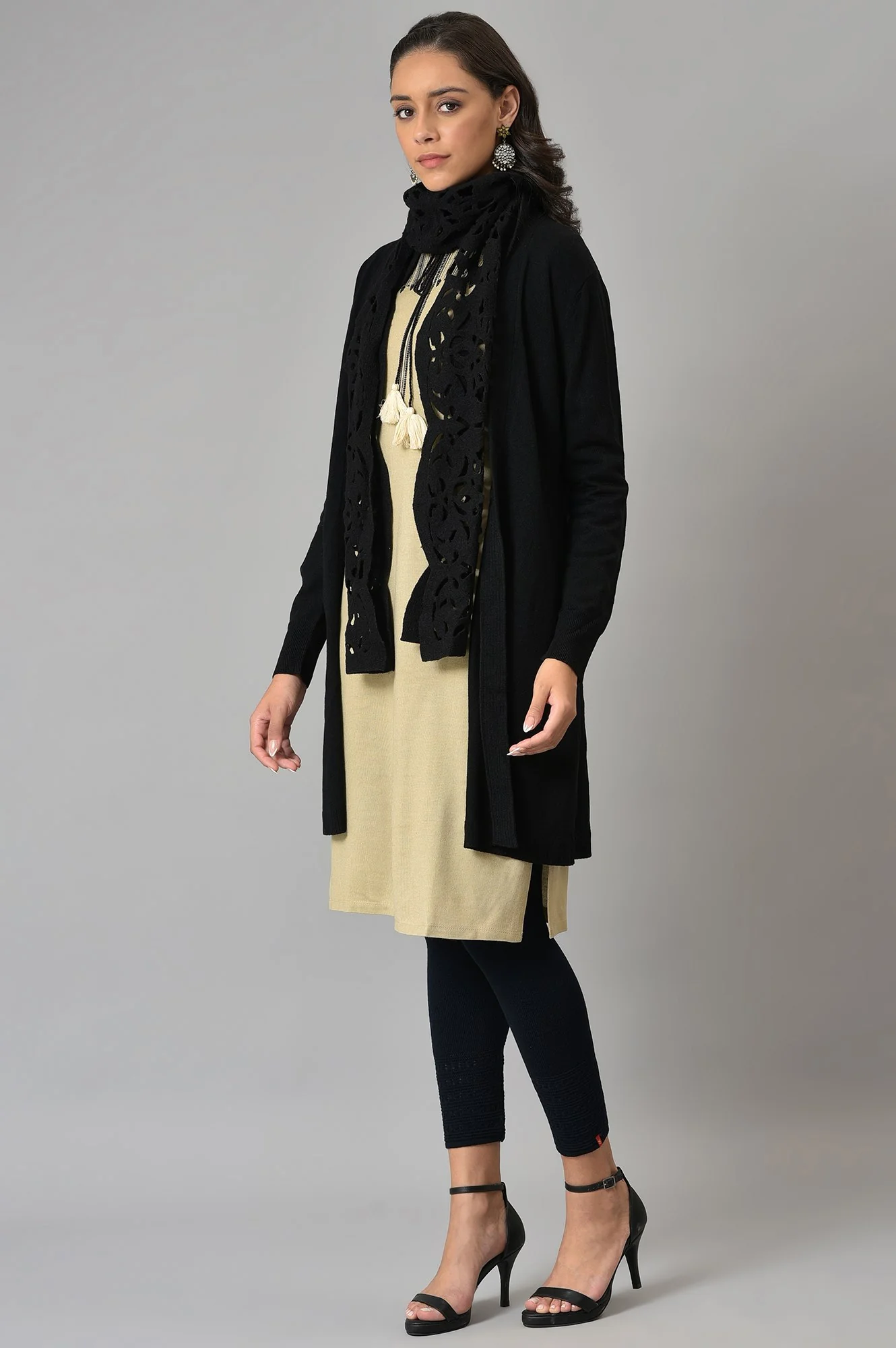 Black Cardigan With Attached Scarf - Image 3