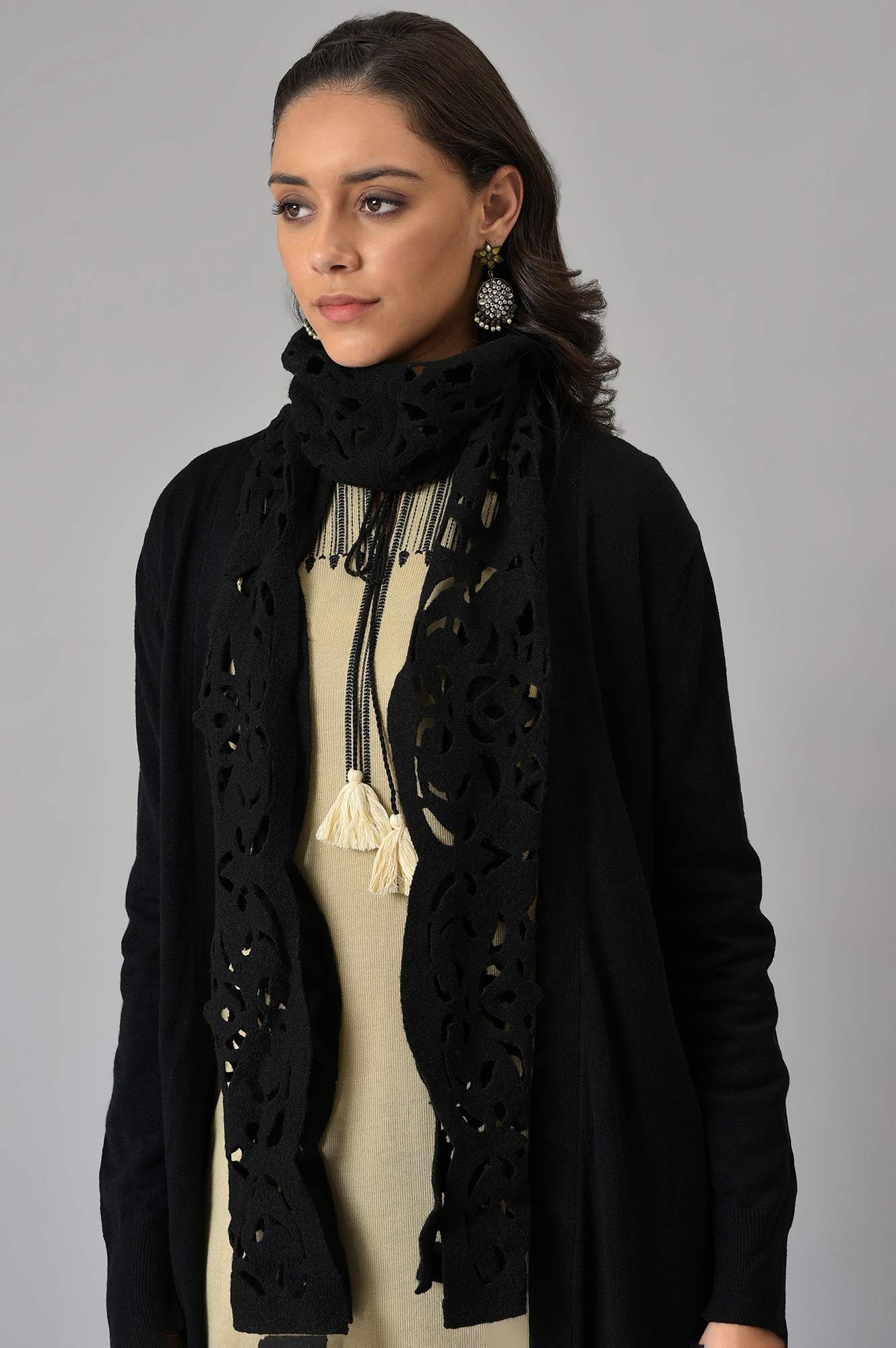 Black Cardigan With Attached Scarf - Image 6