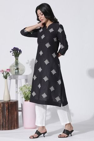Black Cotton Flax Embroidered Kurta And Pants Set - Image 3