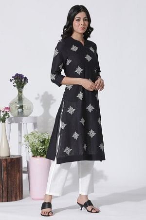 Black Cotton Flax Embroidered Kurta And Pants Set - Image 5