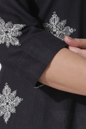 Black Cotton Flax Embroidered Kurta And Pants Set - Image 7