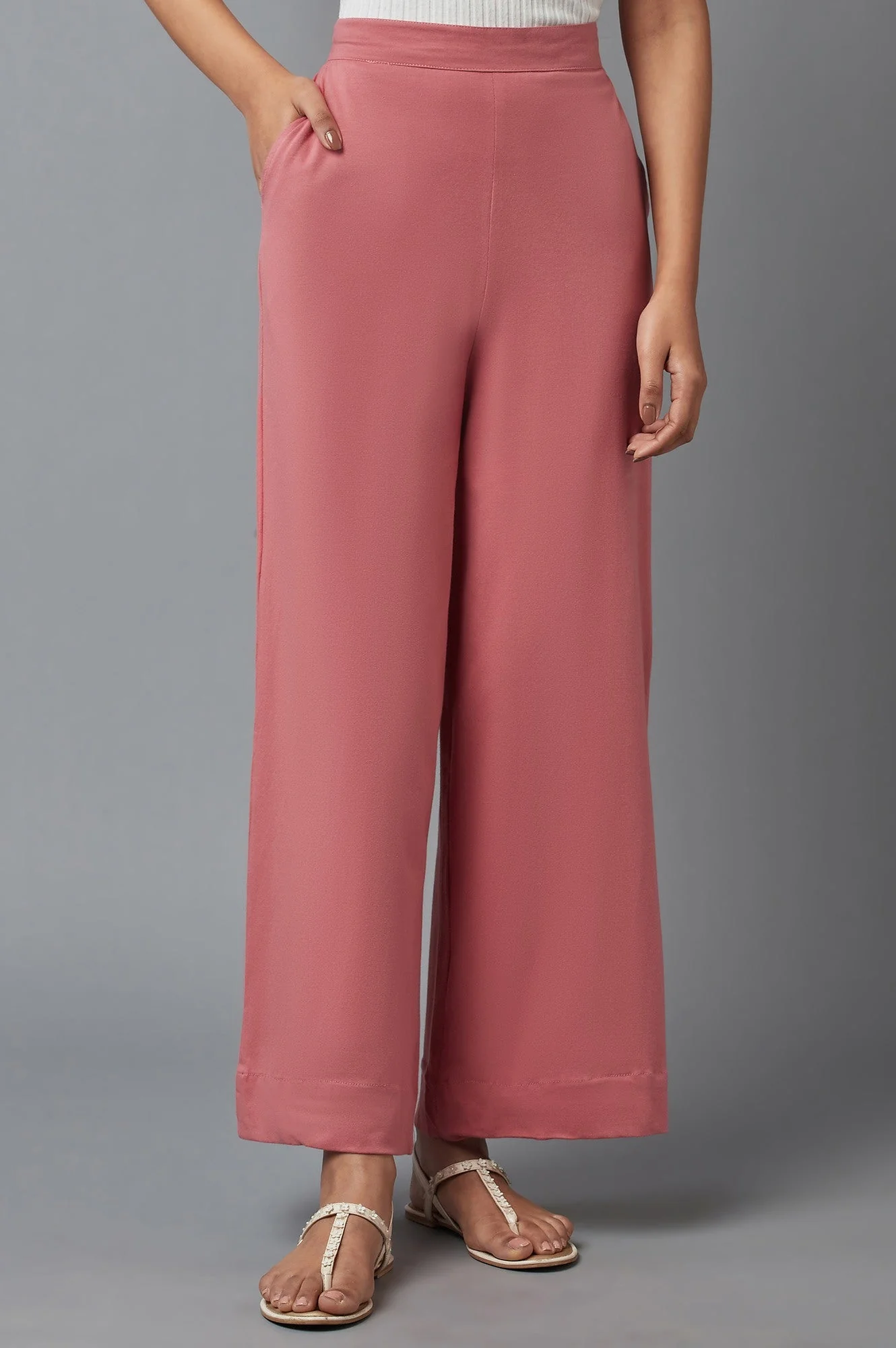Rose Pink Solid Wide-leg Cotton Palazzo with Elasticated Waist