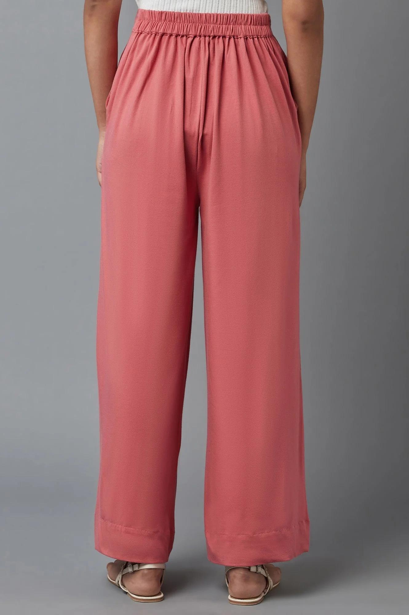 Rose Pink Solid Wide-leg Cotton Palazzo with Elasticated Waist - Image 2