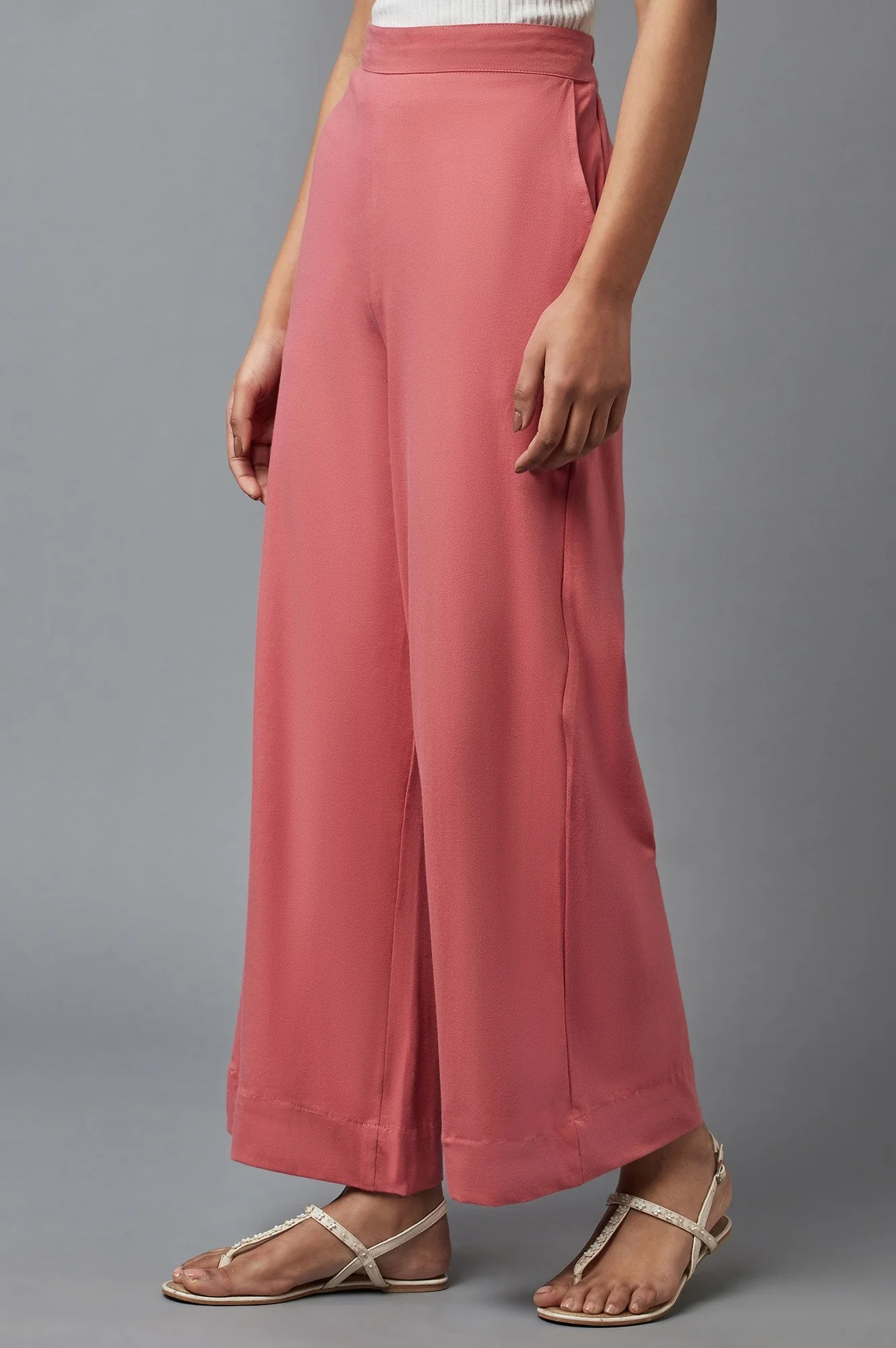 Rose Pink Solid Wide-leg Cotton Palazzo with Elasticated Waist - Image 3
