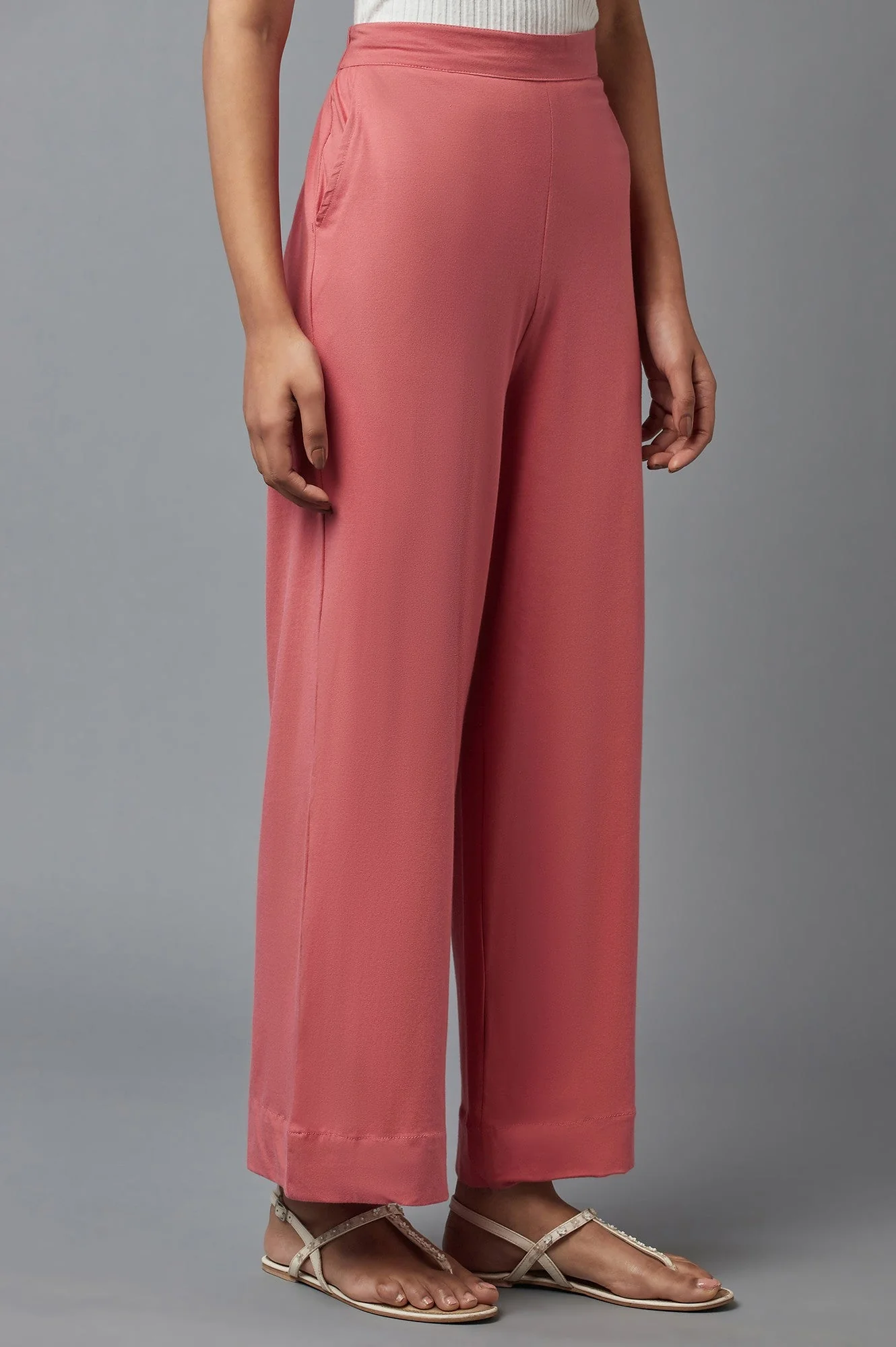 Rose Pink Solid Wide-leg Cotton Palazzo with Elasticated Waist - Image 4