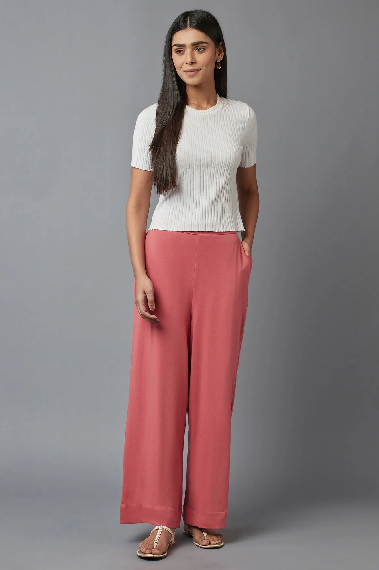Rose Pink Solid Wide-leg Cotton Palazzo with Elasticated Waist - Image 5