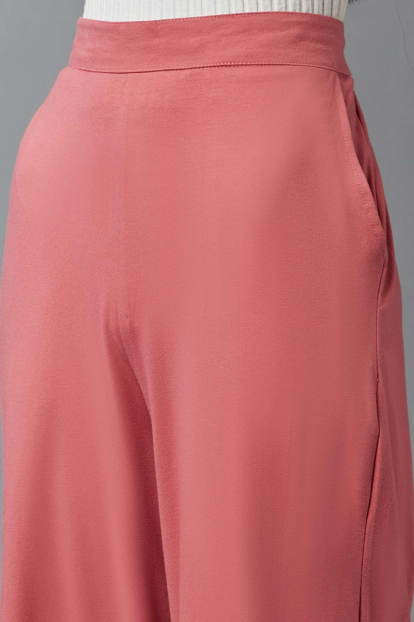 Rose Pink Solid Wide-leg Cotton Palazzo with Elasticated Waist - Image 6