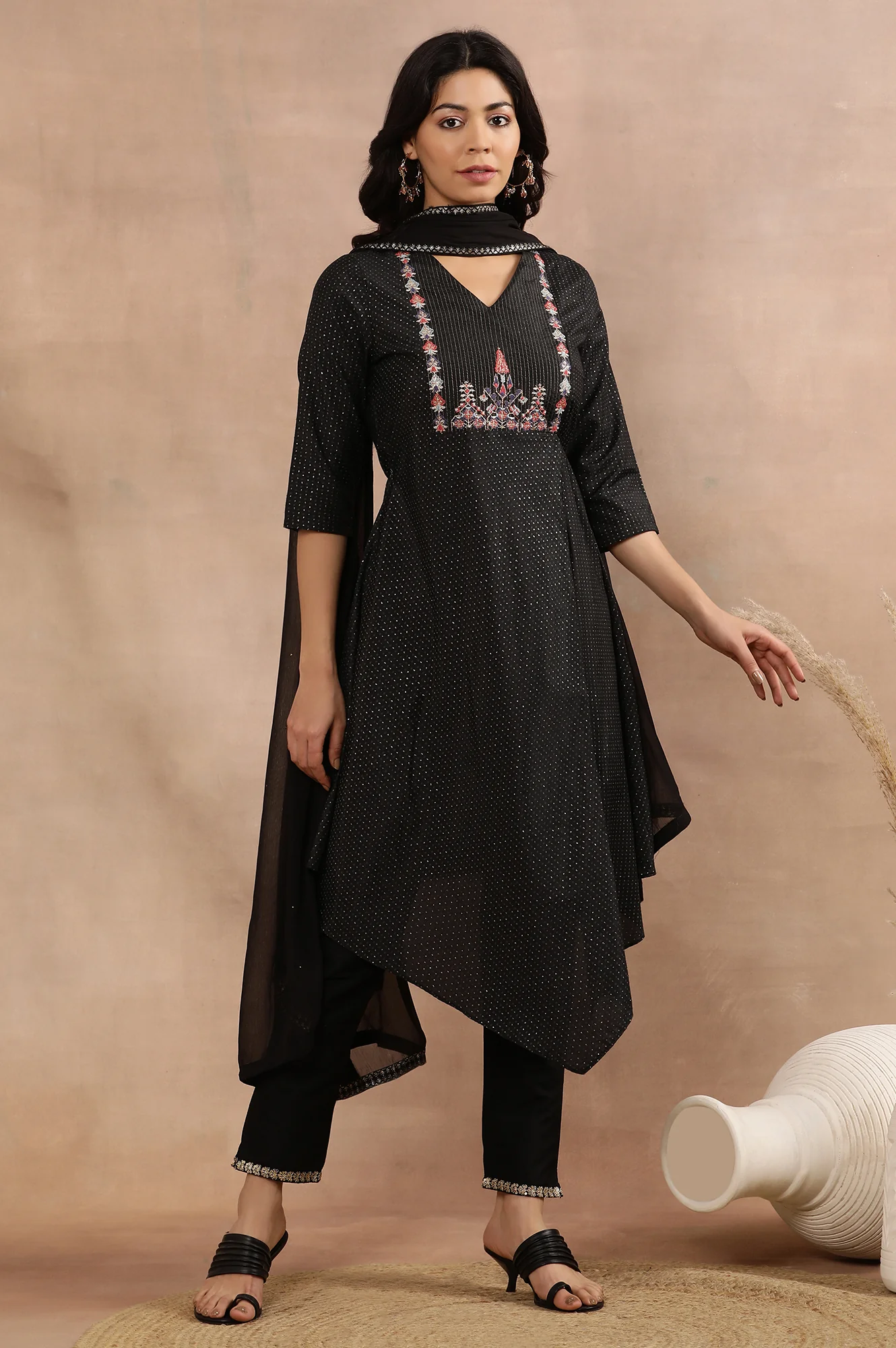 Black Embroidered Asymmetrical Kurta, Pants And Dupatta Set - Image 2