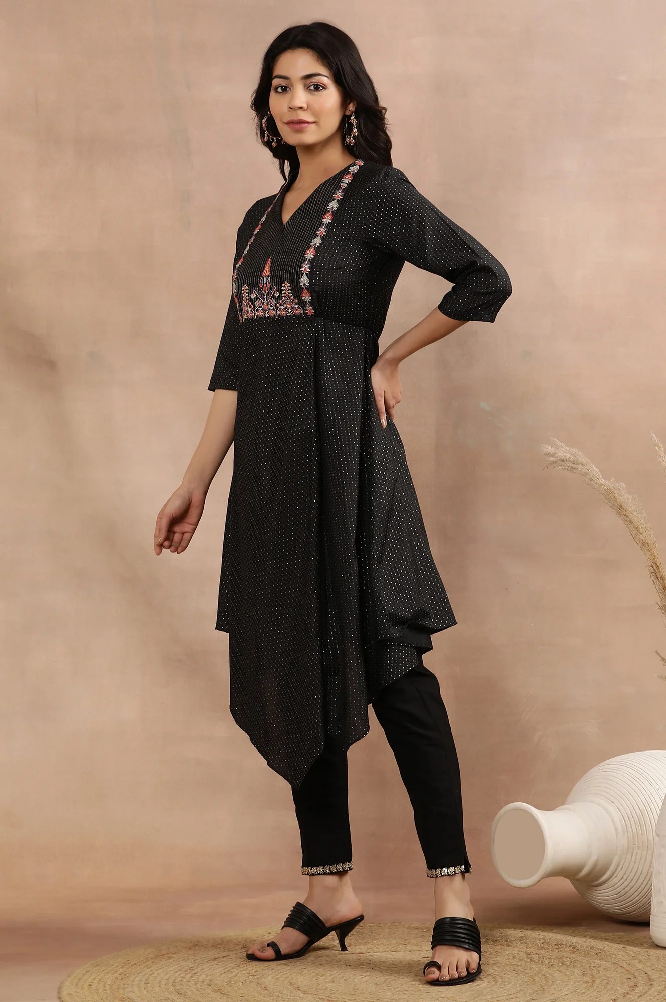 Black Embroidered Asymmetrical Kurta, Pants And Dupatta Set - Image 3