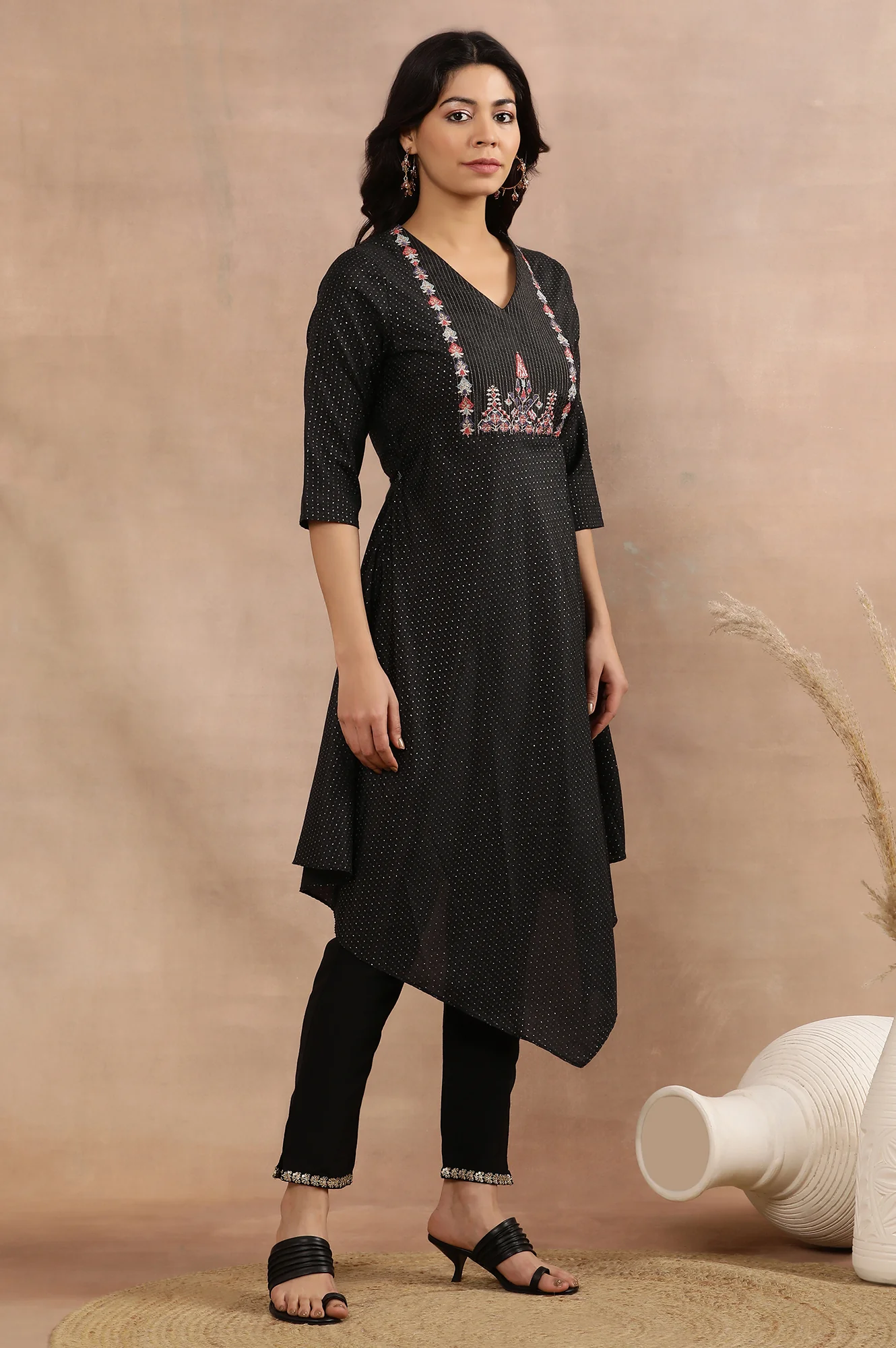 Black Embroidered Asymmetrical Kurta, Pants And Dupatta Set - Image 5