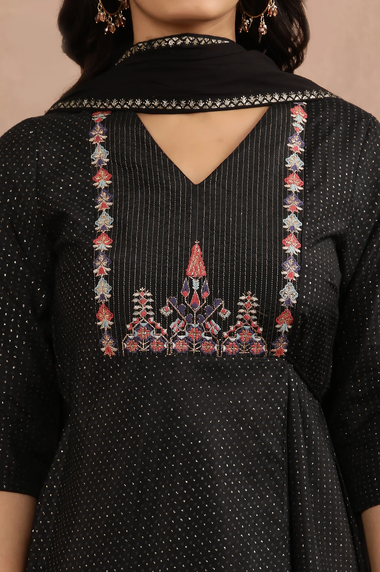 Black Embroidered Asymmetrical Kurta, Pants And Dupatta Set - Image 6